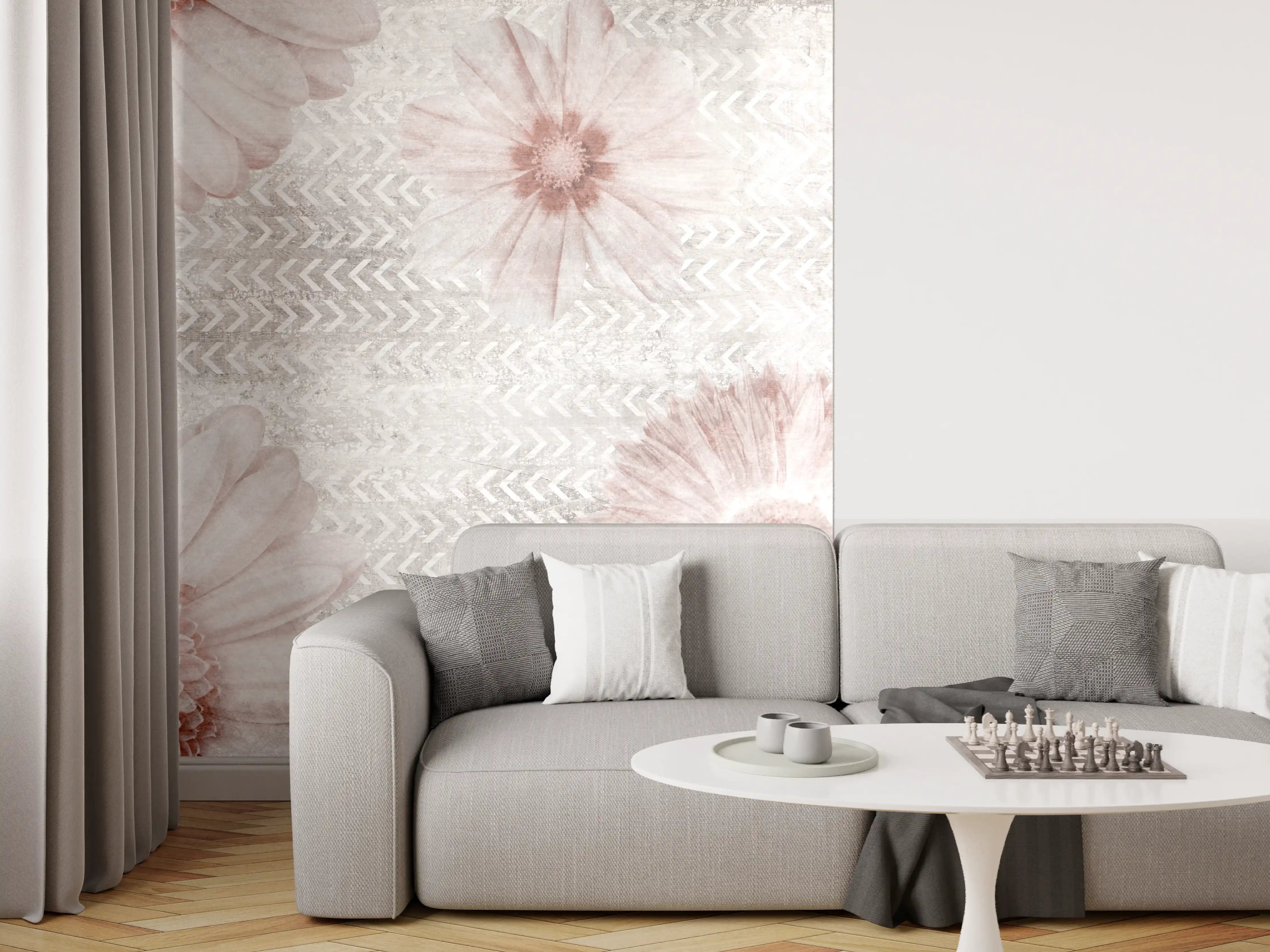 Wandverkleidung Wohnzimmer - Vintage Blumenmuster auf Weiß