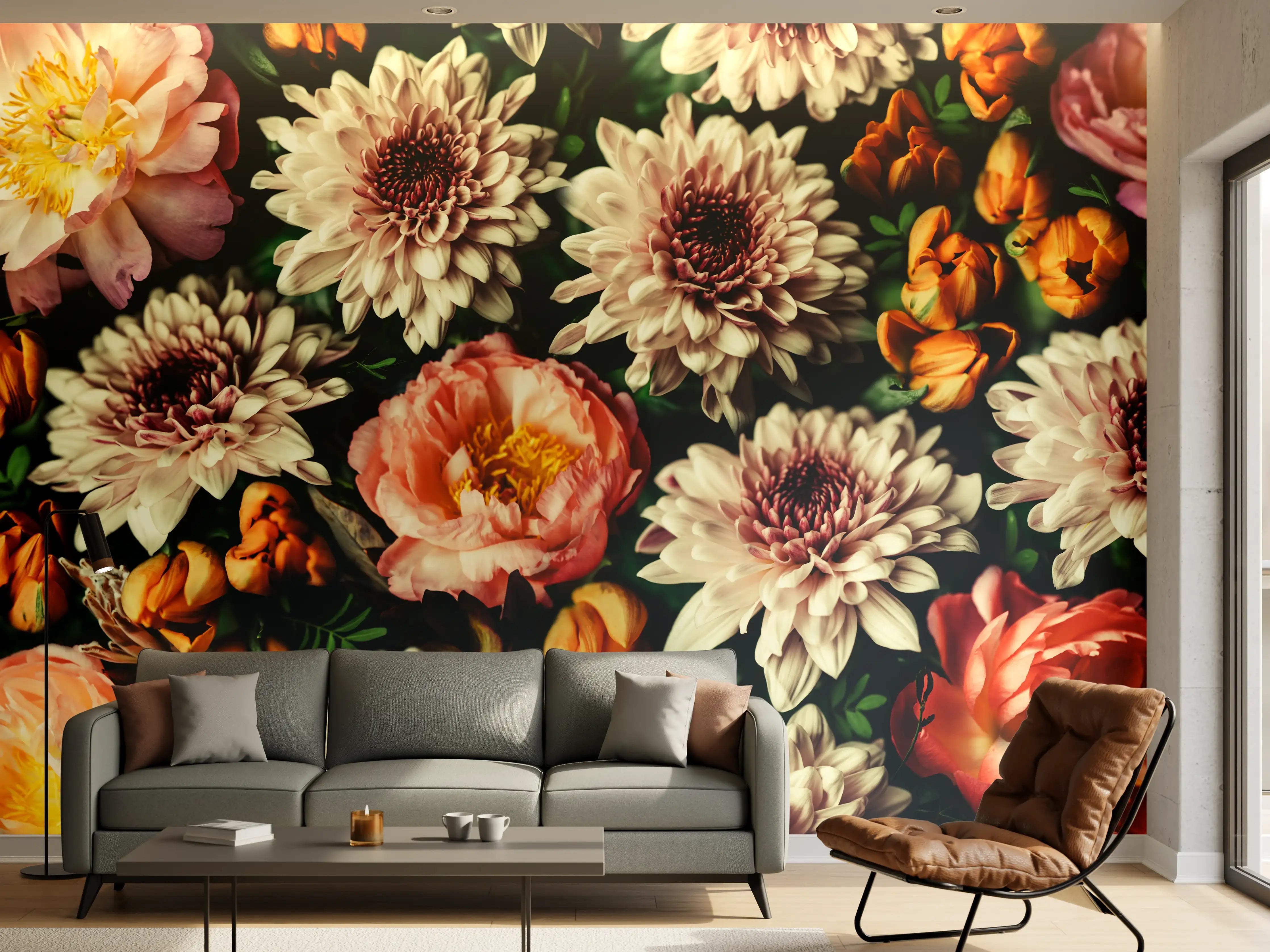 Wandverkleidung Wohnzimmer - Vintage-Bouquet mit schönen Blumen