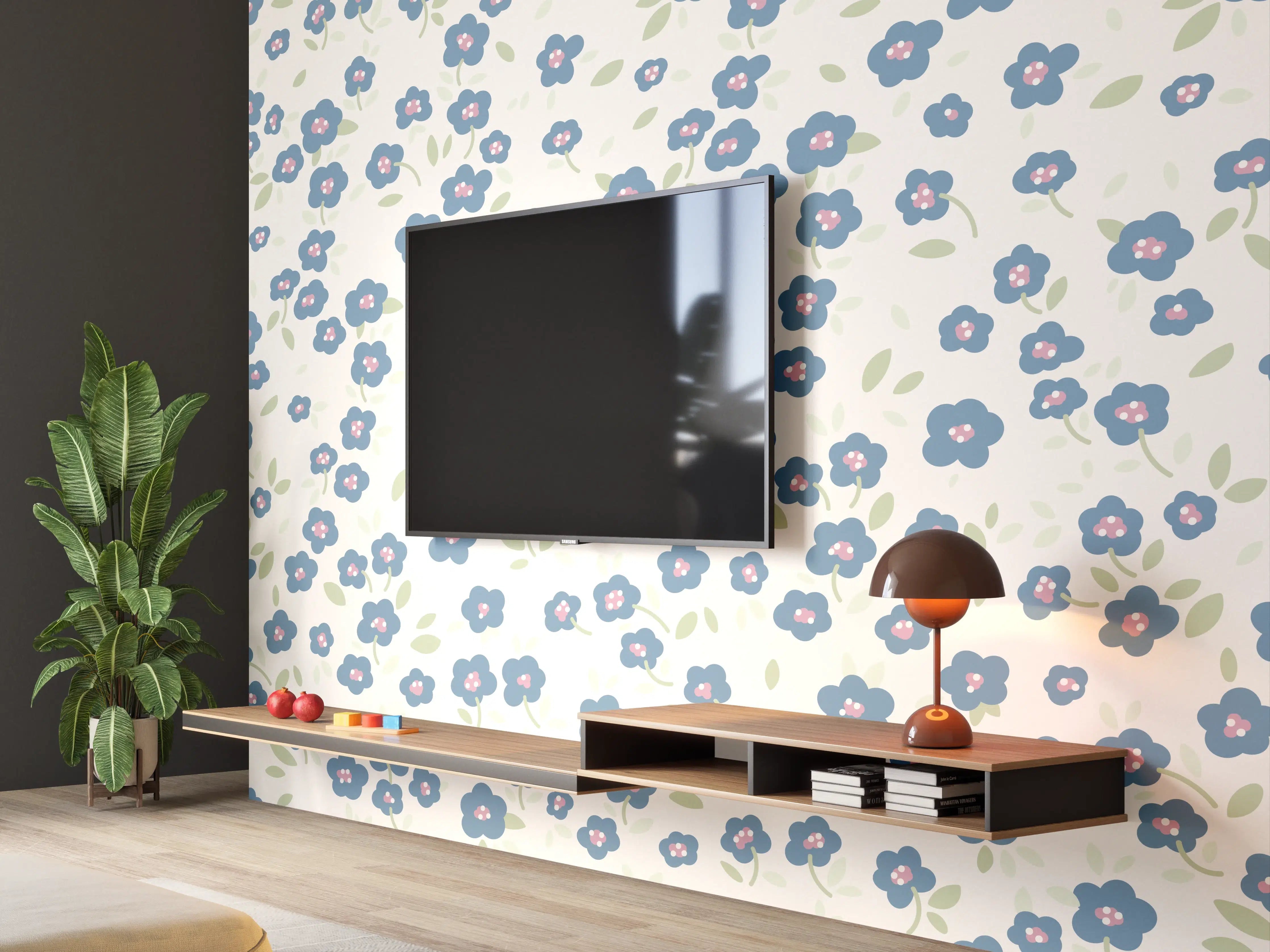 Wandverkleidung Wohnzimmer - Vintage Ditsy Blumen Blau-Beige
