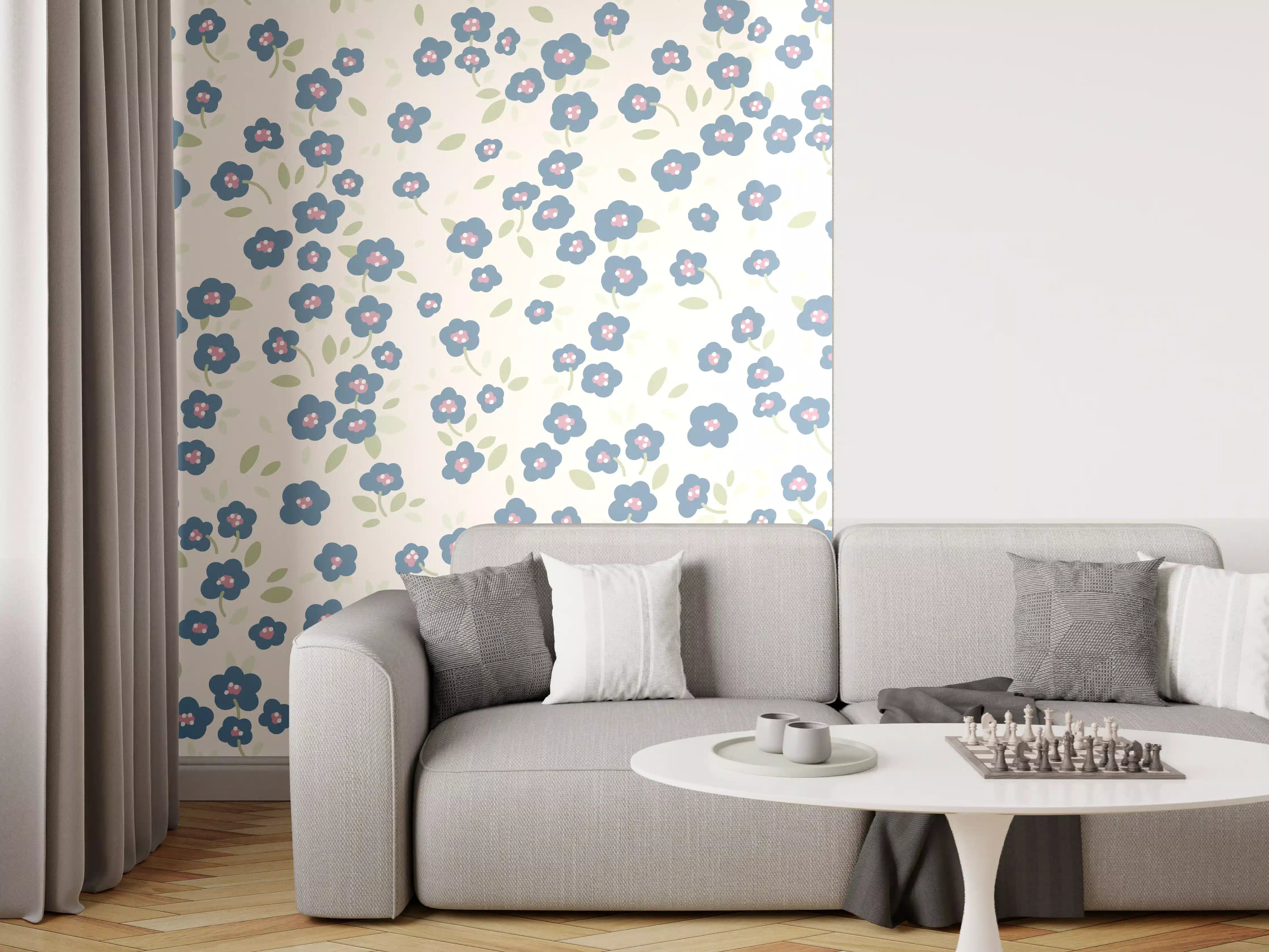 Wandverkleidung Wohnzimmer - Vintage Ditsy Blumen Blau-Beige