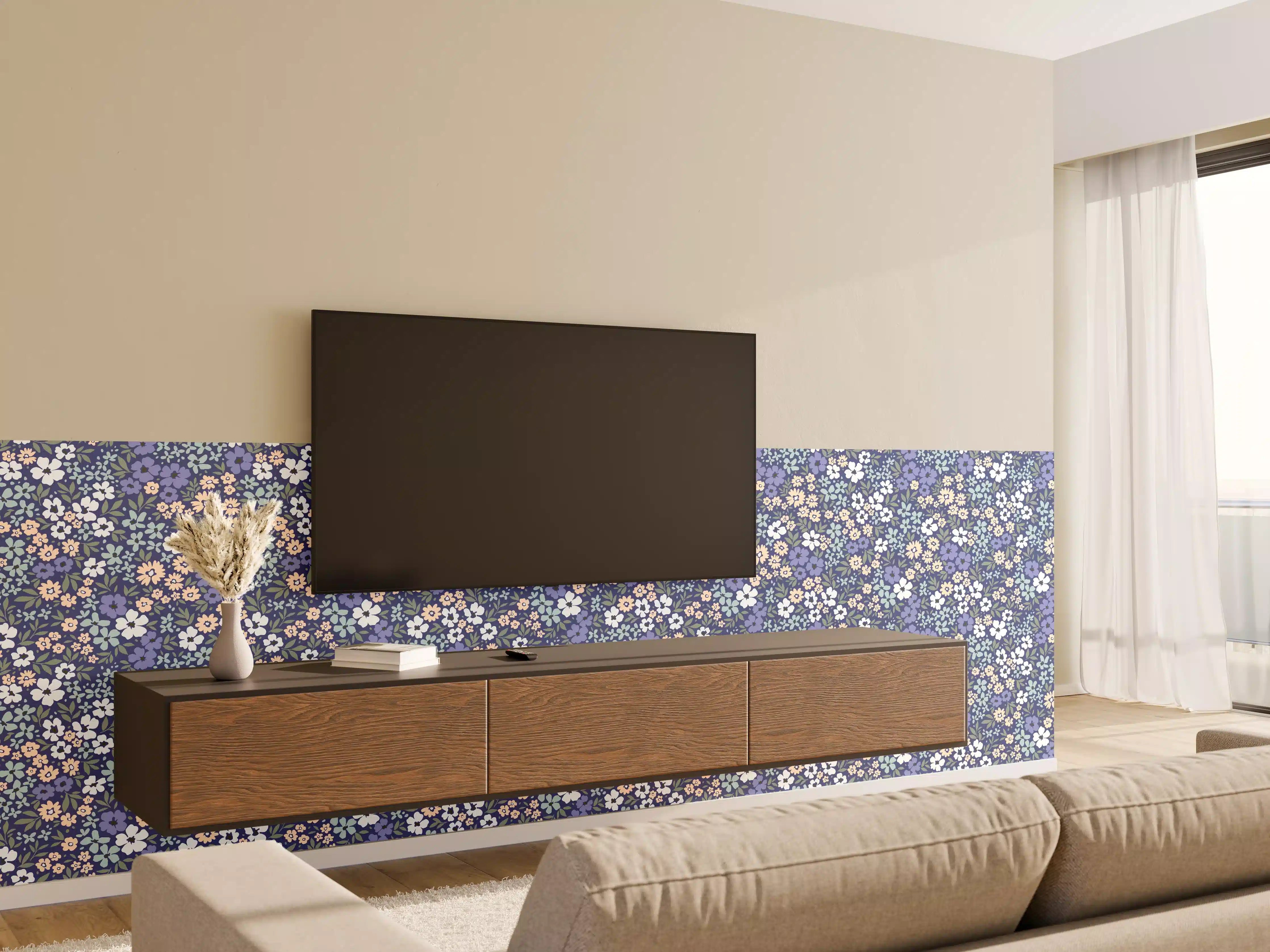 Wandverkleidung Wohnzimmer - Vintage Ditsy Blumenmuster Blau