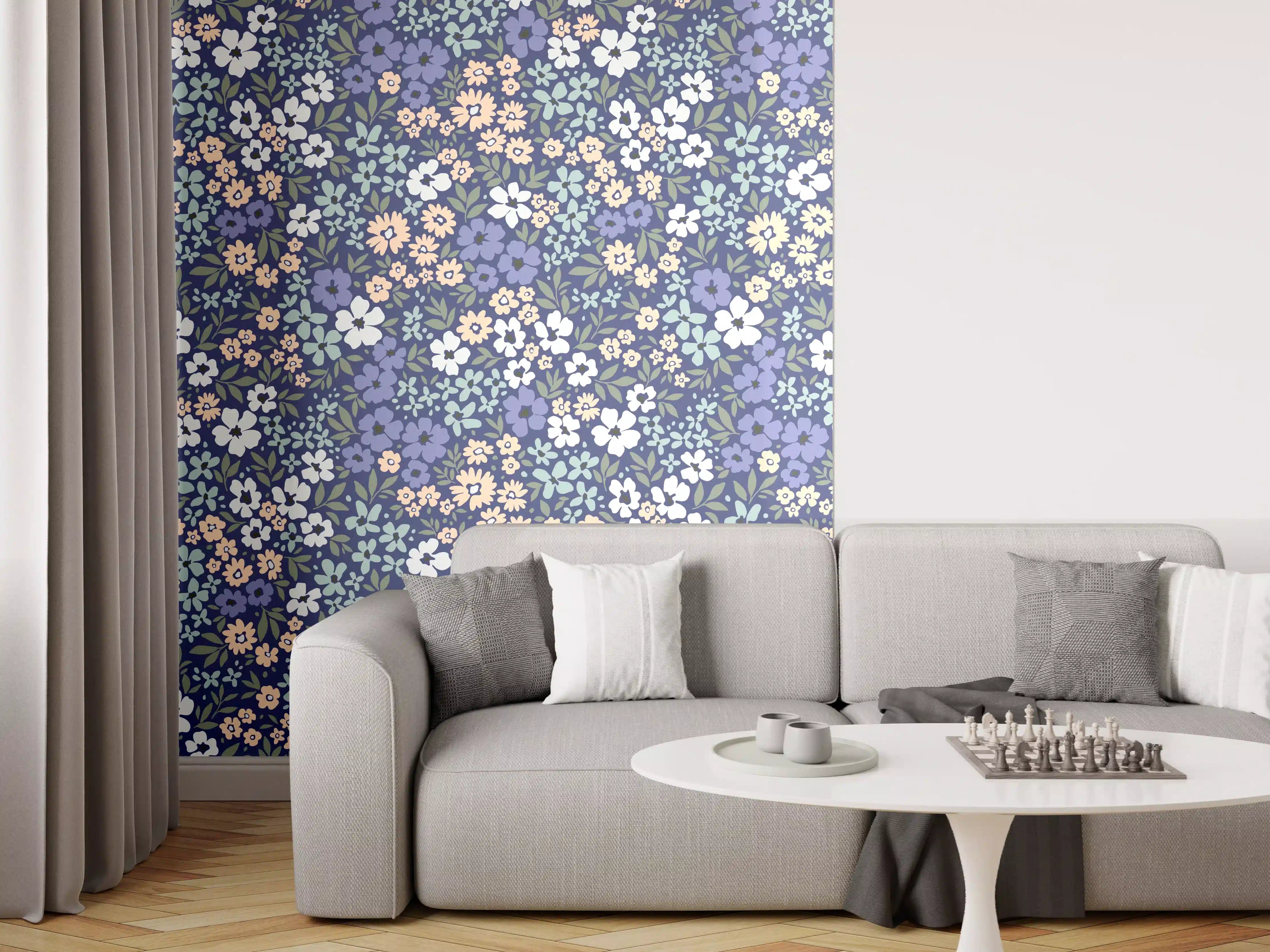 Wandverkleidung Wohnzimmer - Vintage Ditsy Blumenmuster Blau