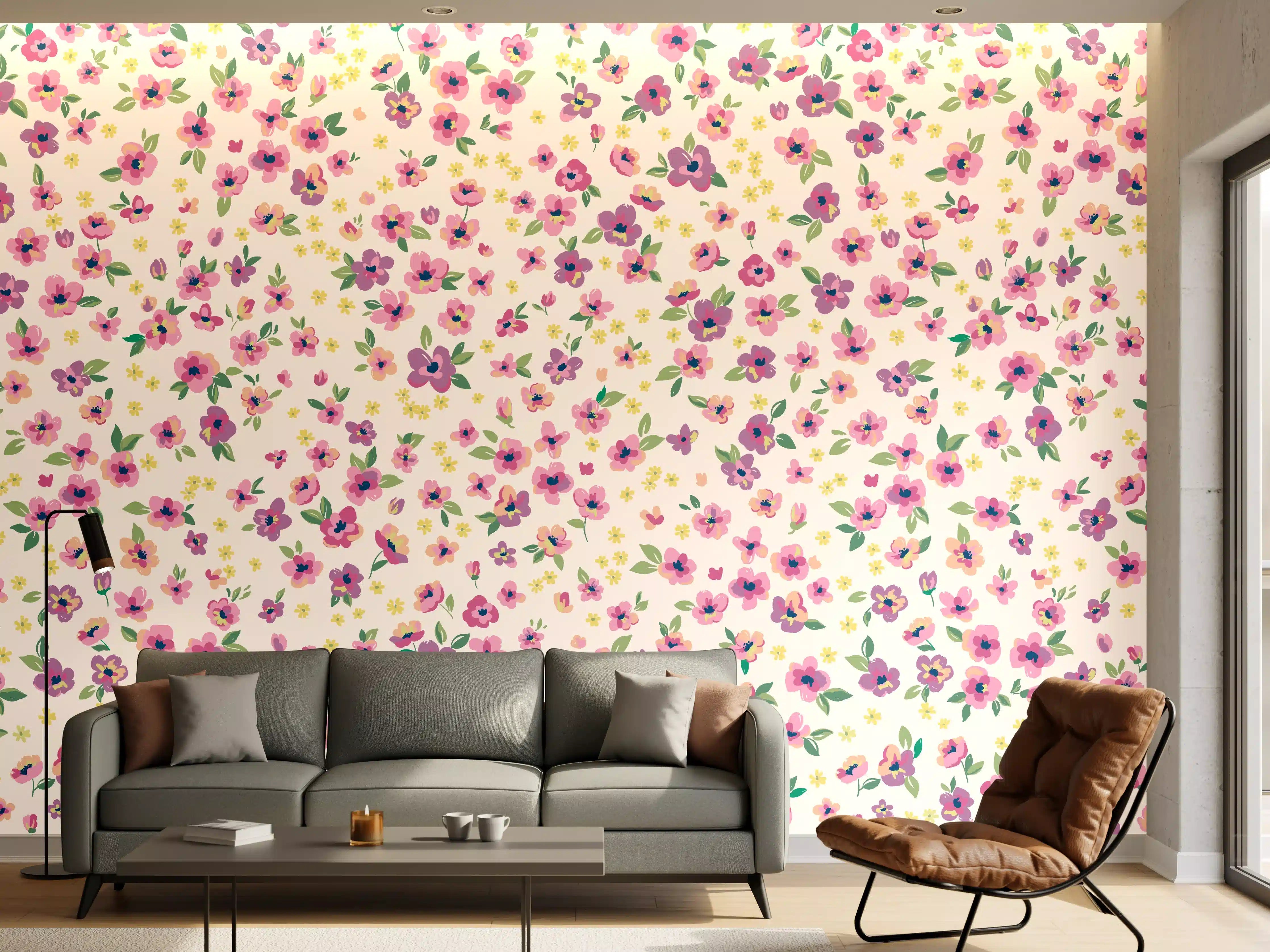 Wandverkleidung Wohnzimmer - Vintage Ditsy Blumenmuster Rosa