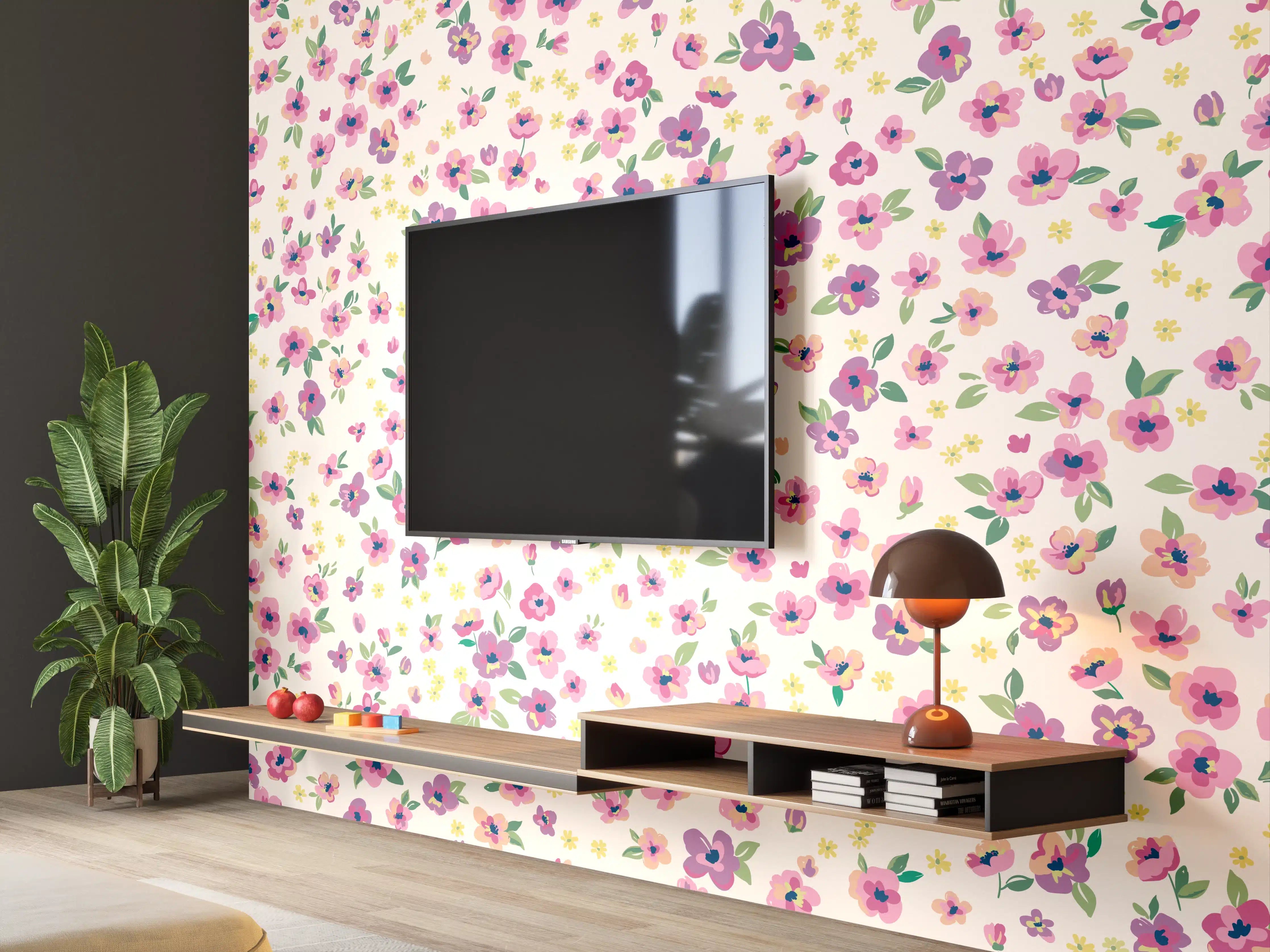 Wandverkleidung Wohnzimmer - Vintage Ditsy Blumenmuster Rosa