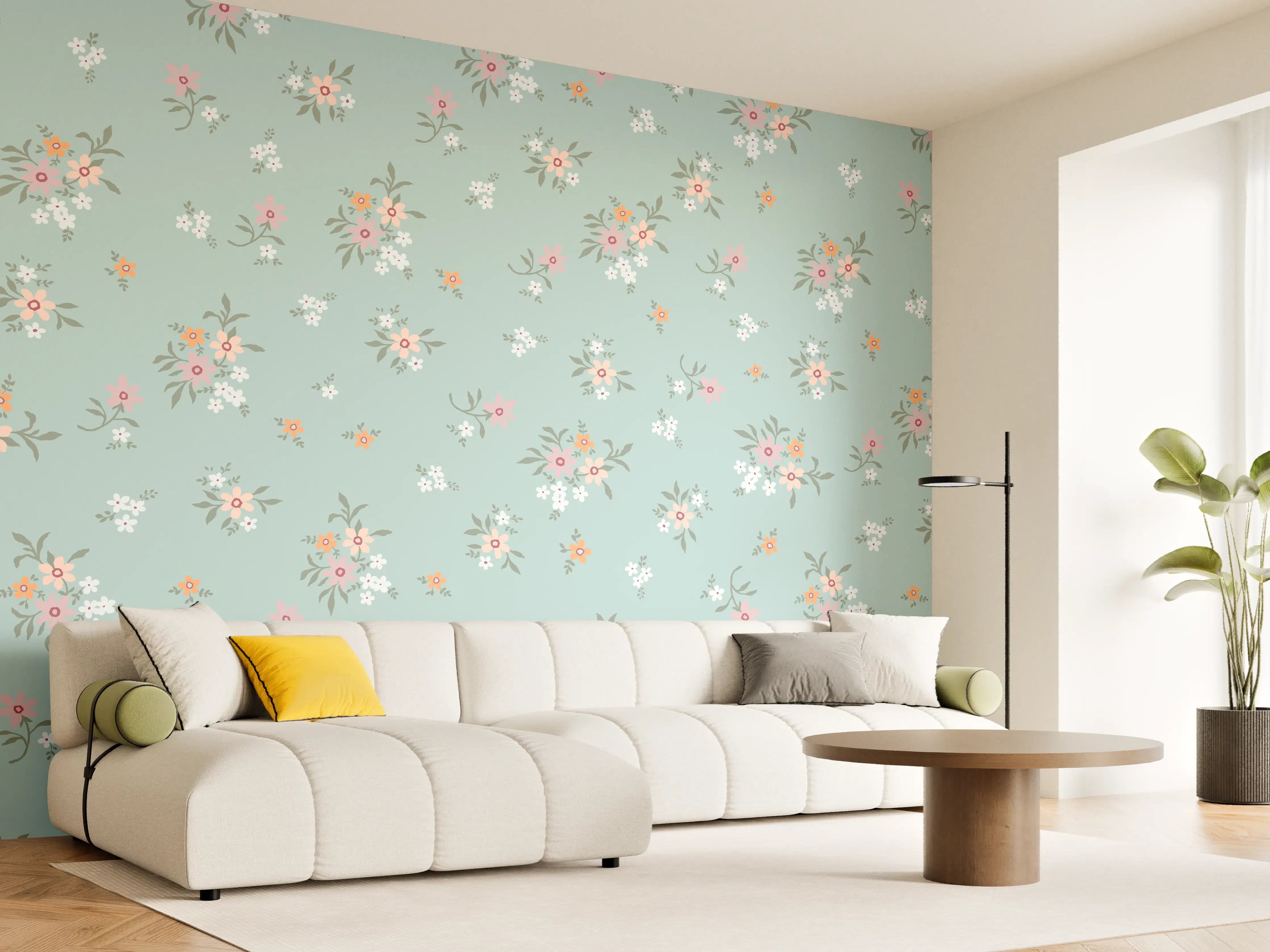 Wandverkleidung Wohnzimmer - Vintage Ditsy Blumenmuster Türkis