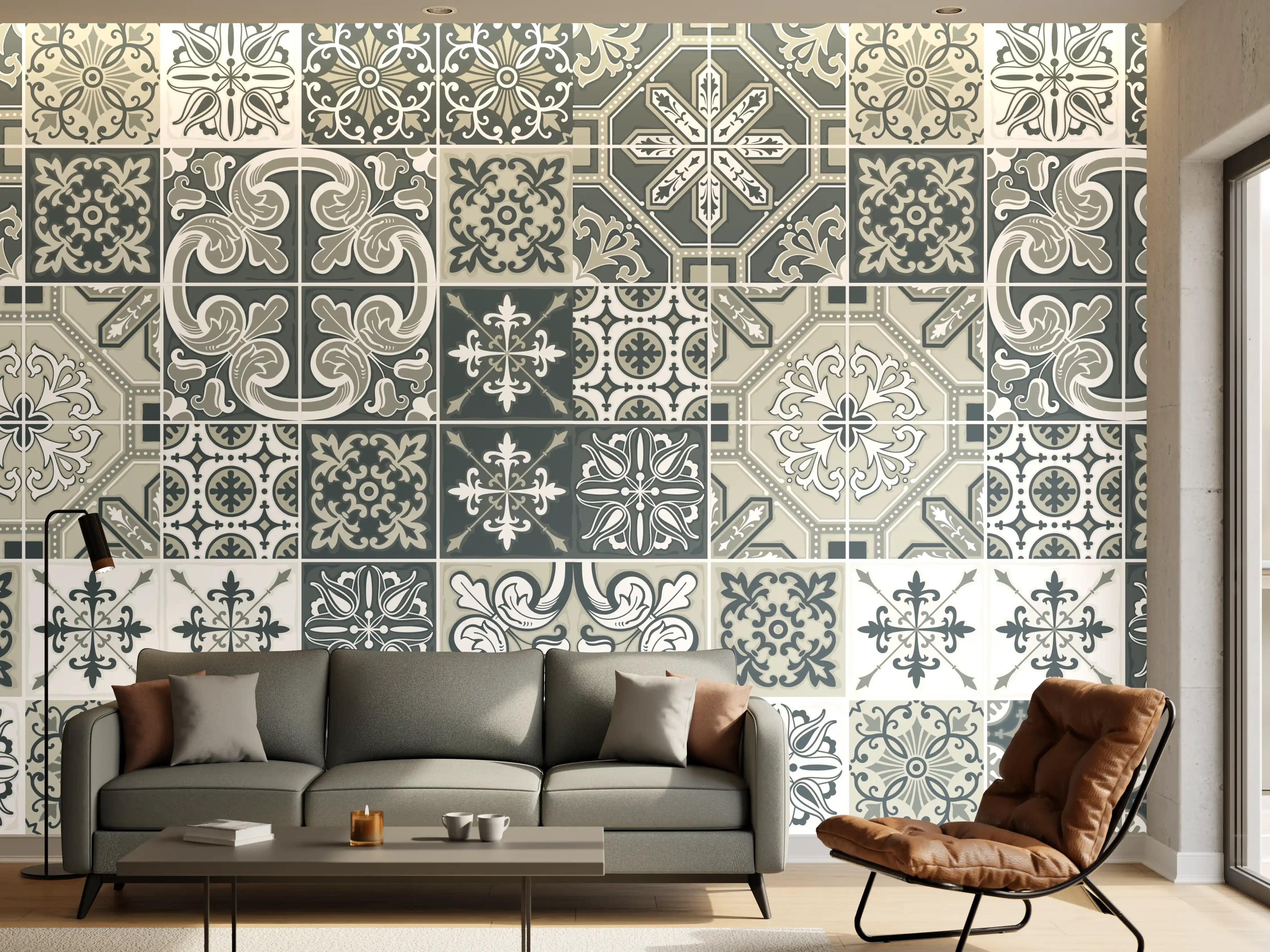 Wandverkleidung Wohnzimmer - Vintage Fliesenmuster Blau-Weiß