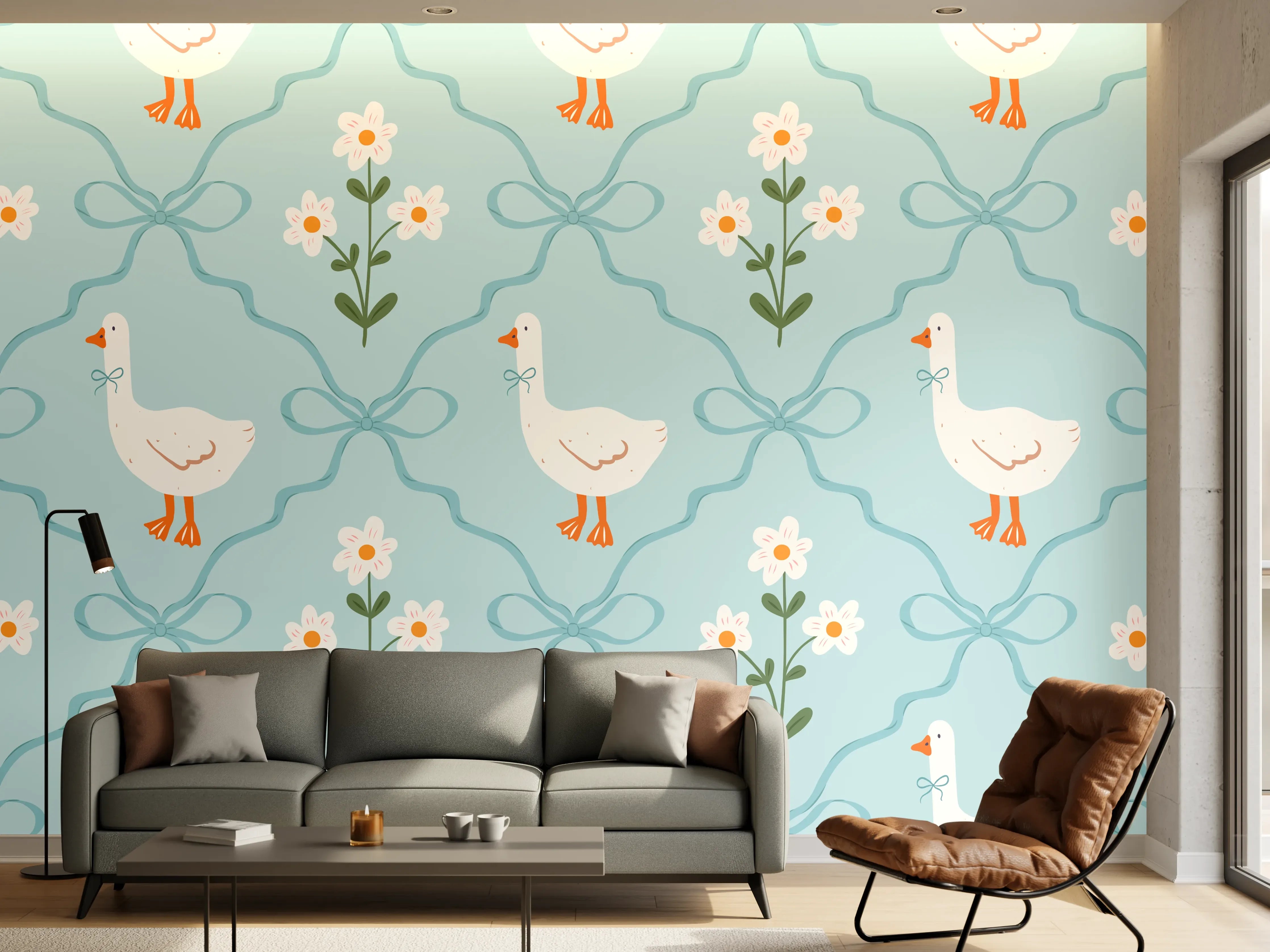 Wandverkleidung Wohnzimmer - Vintage Gänse Tapete Türkis