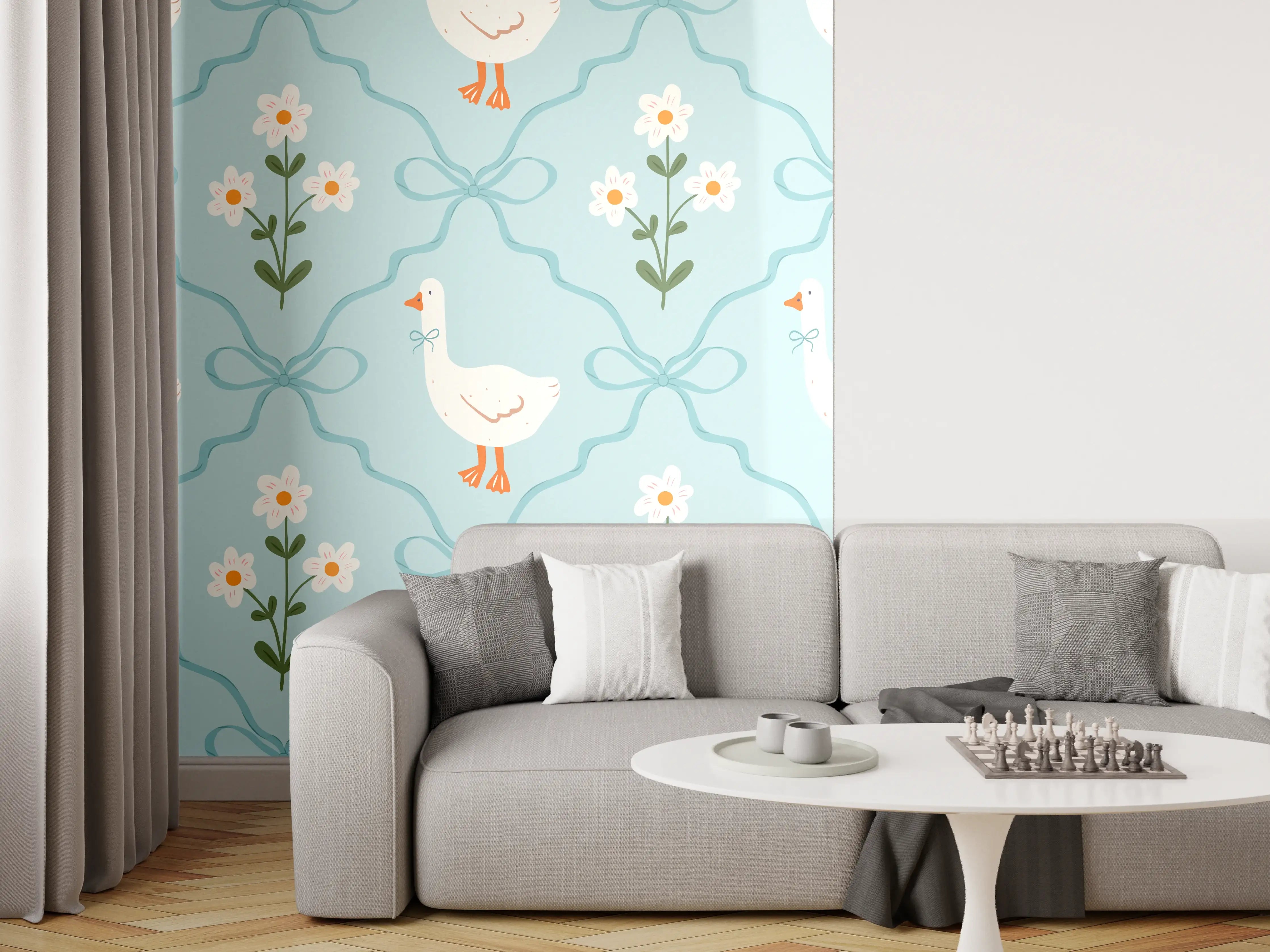 Wandverkleidung Wohnzimmer - Vintage Gänse Tapete Türkis