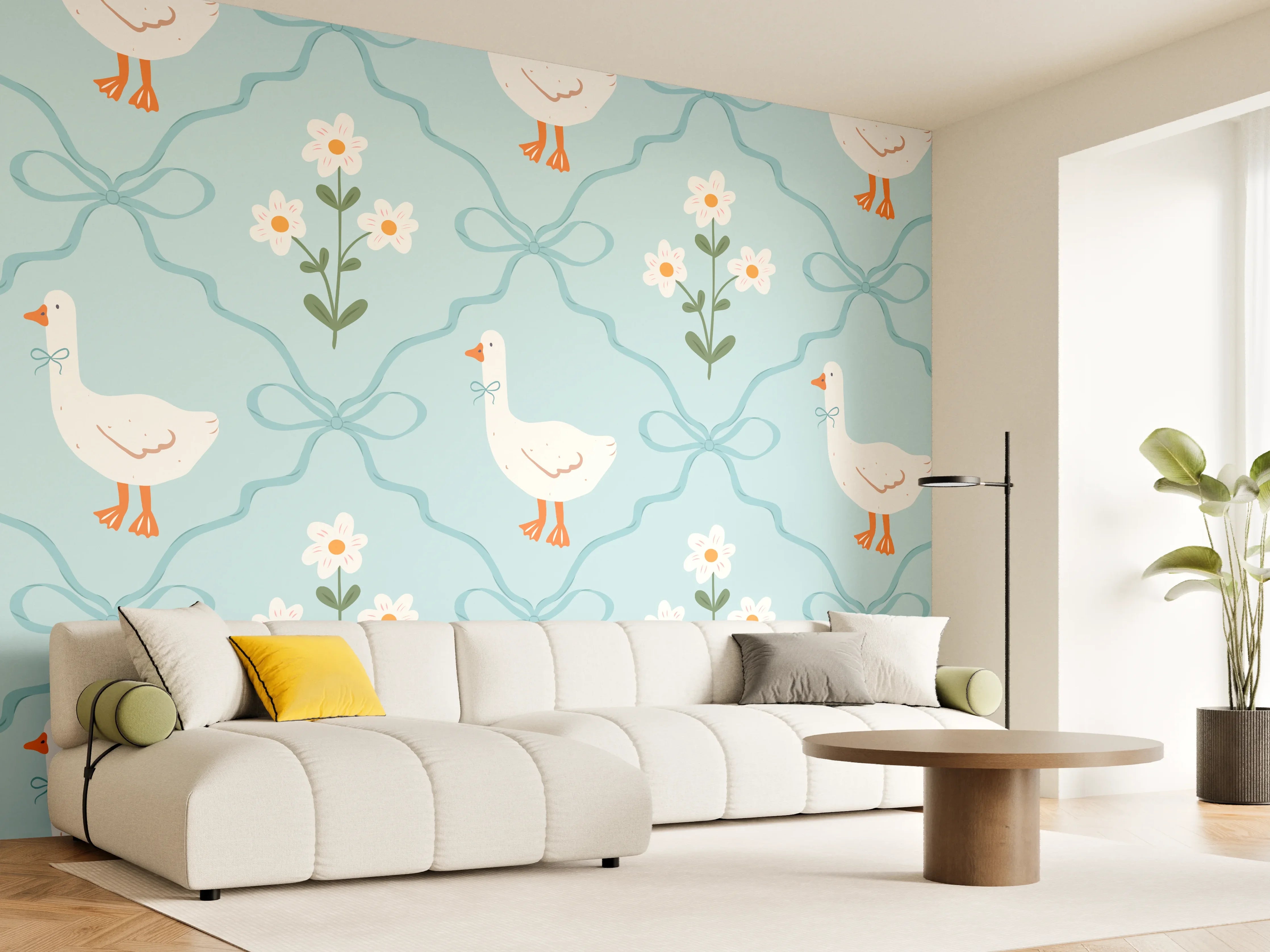 Wandverkleidung Wohnzimmer - Vintage Gänse Tapete Türkis