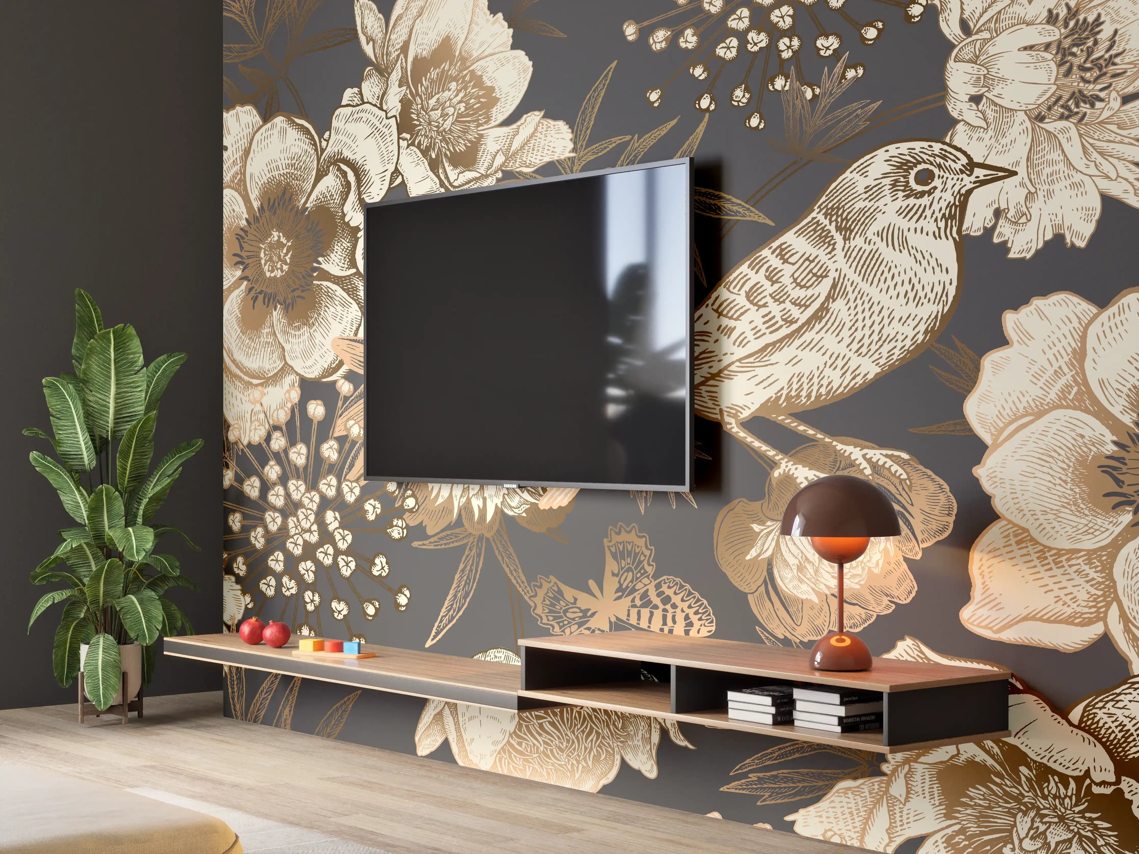 Wandverkleidung Wohnzimmer - Vintage Gold-Pfingstrosen-Muster