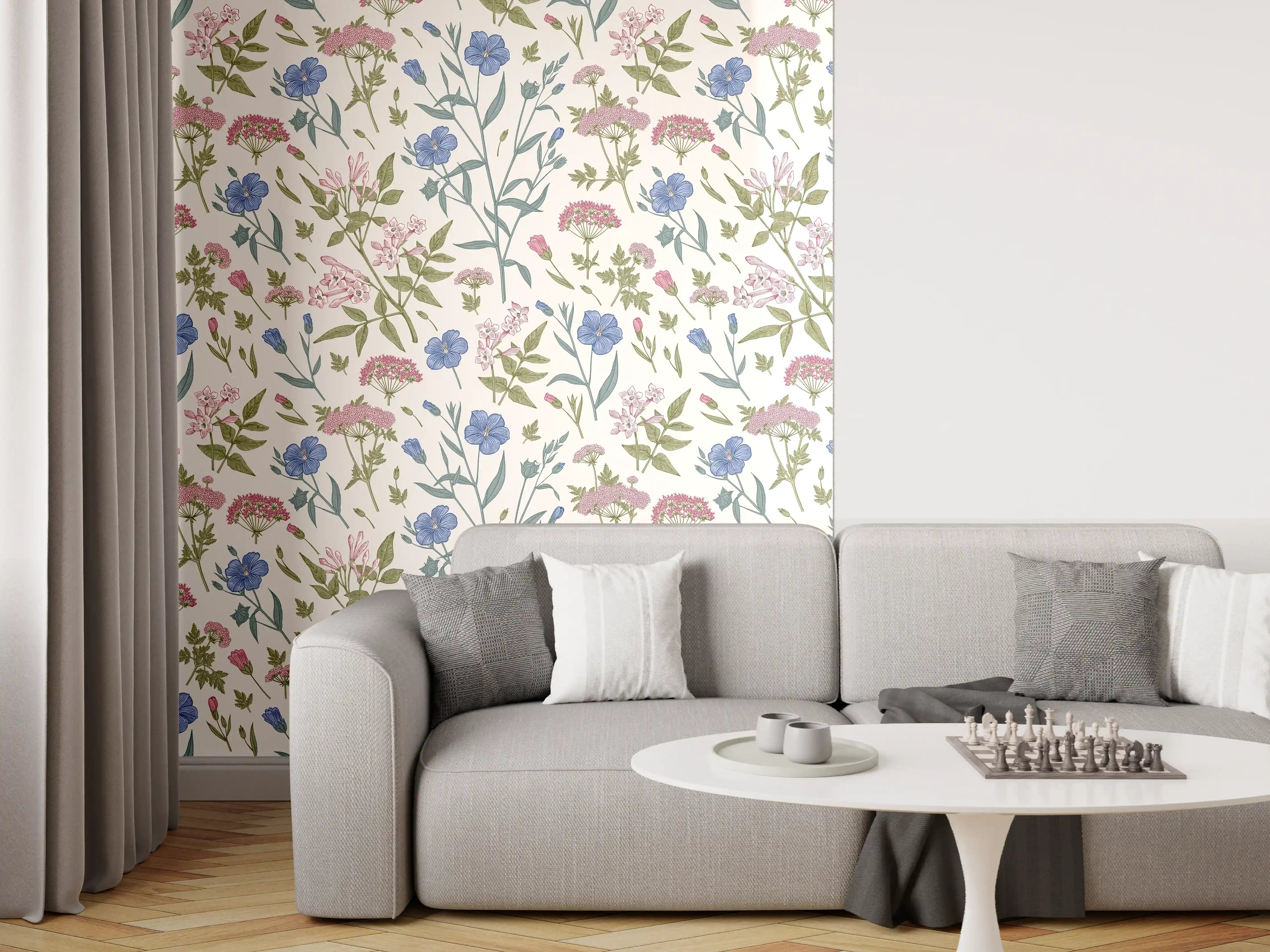 Wandverkleidung Wohnzimmer - Vintage Pastell-Blumenmuster