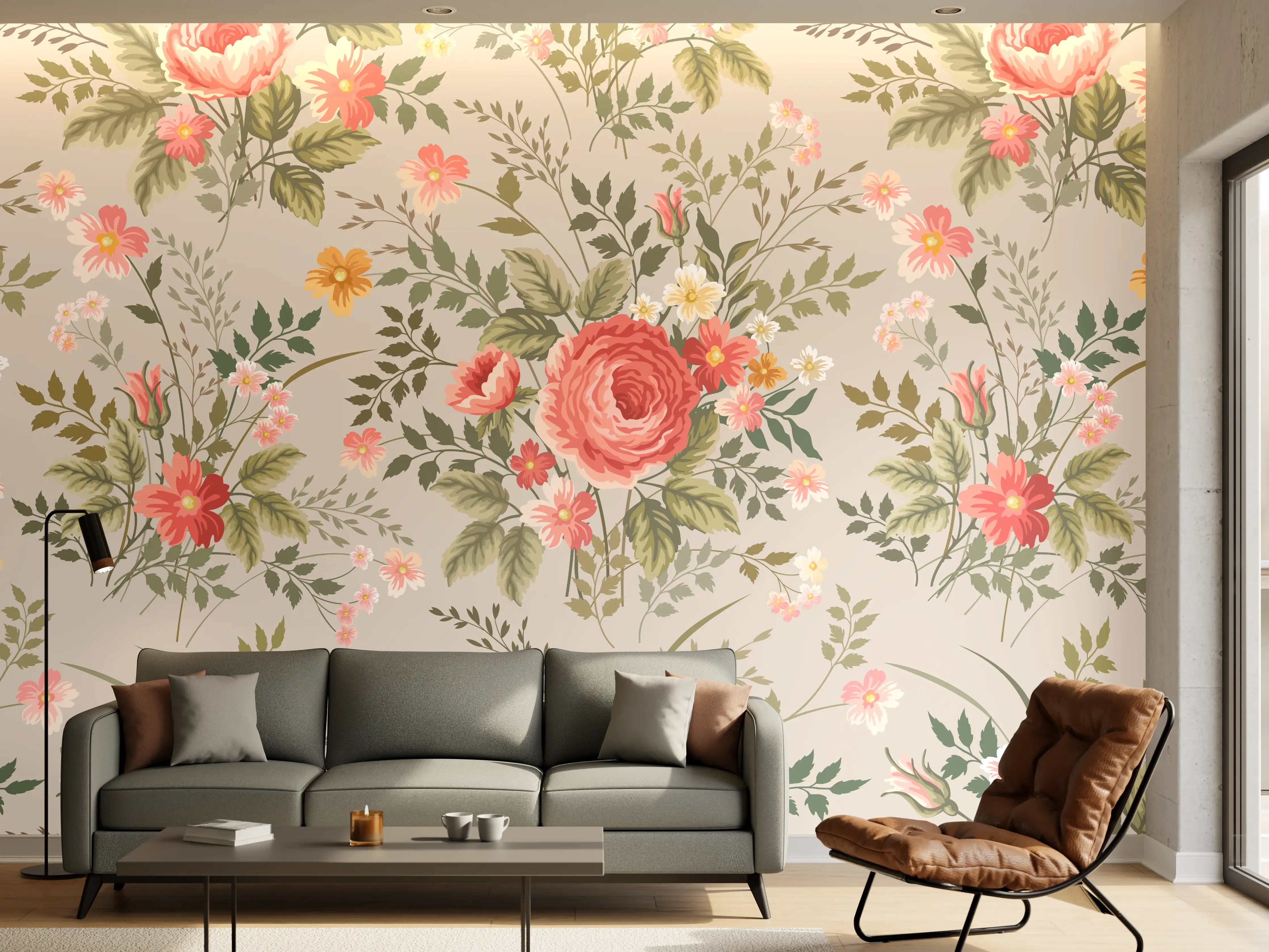 Wandverkleidung Wohnzimmer - Vintage Pfirsich-Blumenmuster