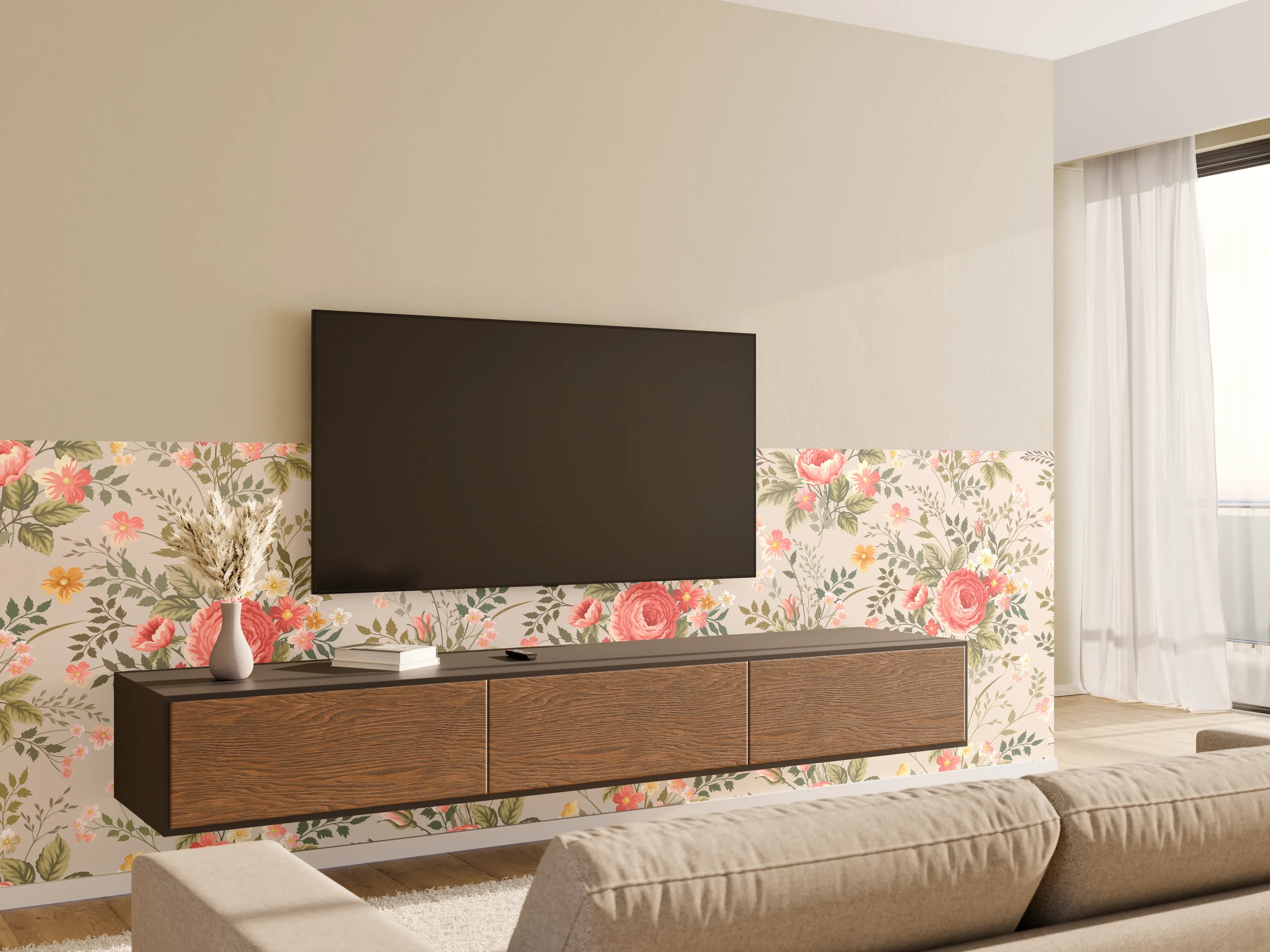 Wandverkleidung Wohnzimmer - Vintage Pfirsich-Blumenmuster