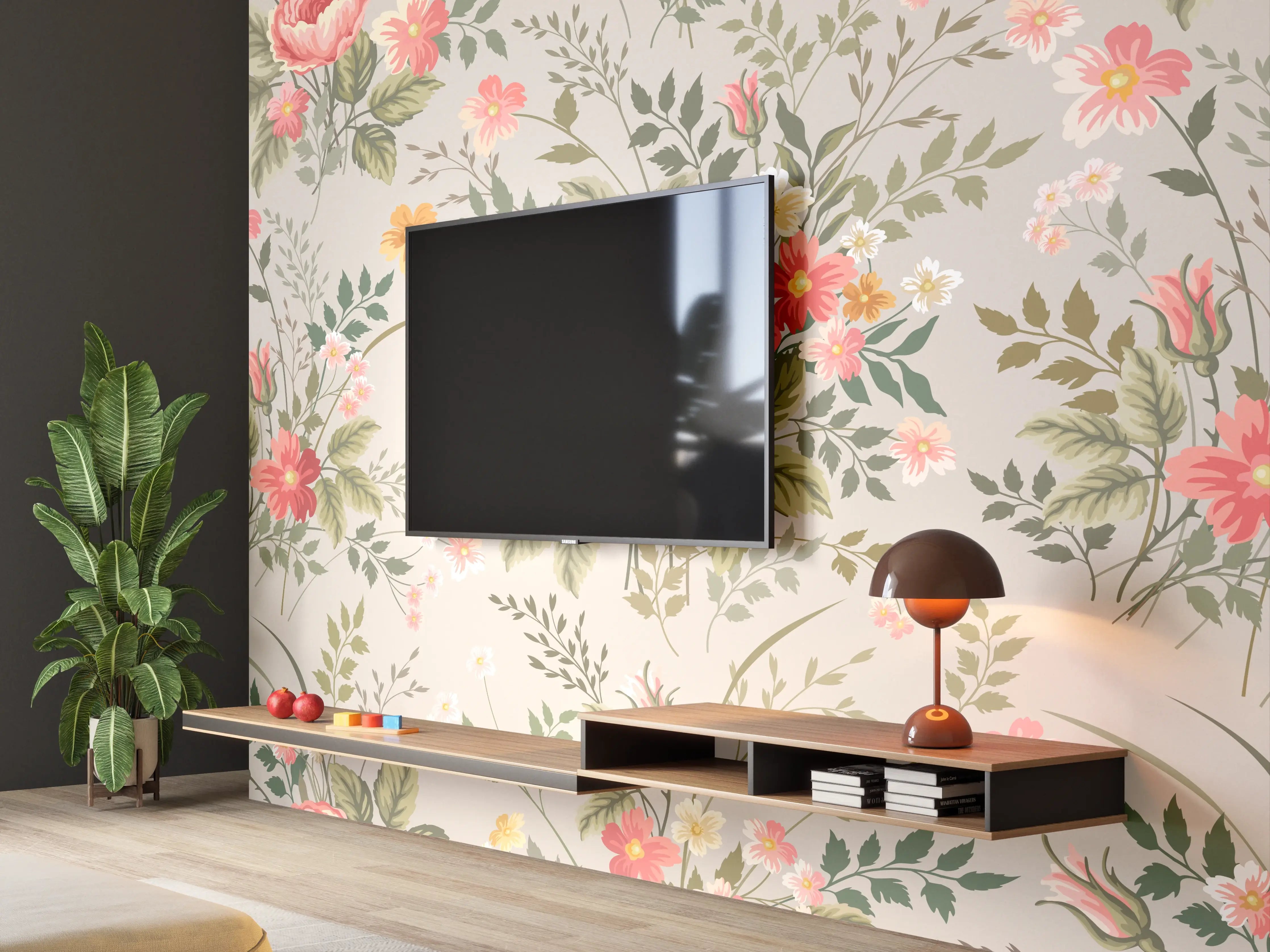Wandverkleidung Wohnzimmer - Vintage Pfirsich-Blumenmuster