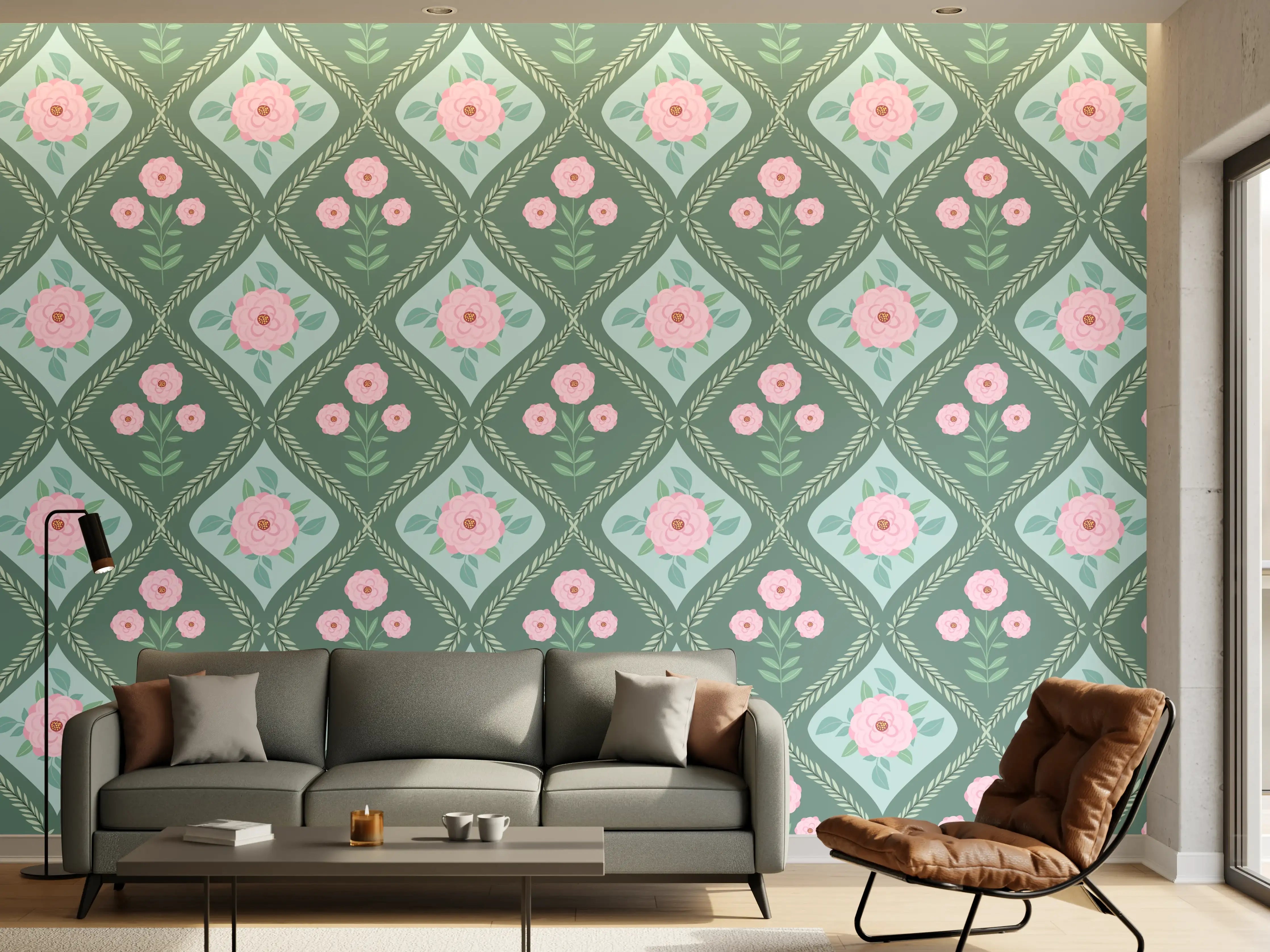 Wandverkleidung Wohnzimmer - Vintage Rosen Tapete Grün-Rosa