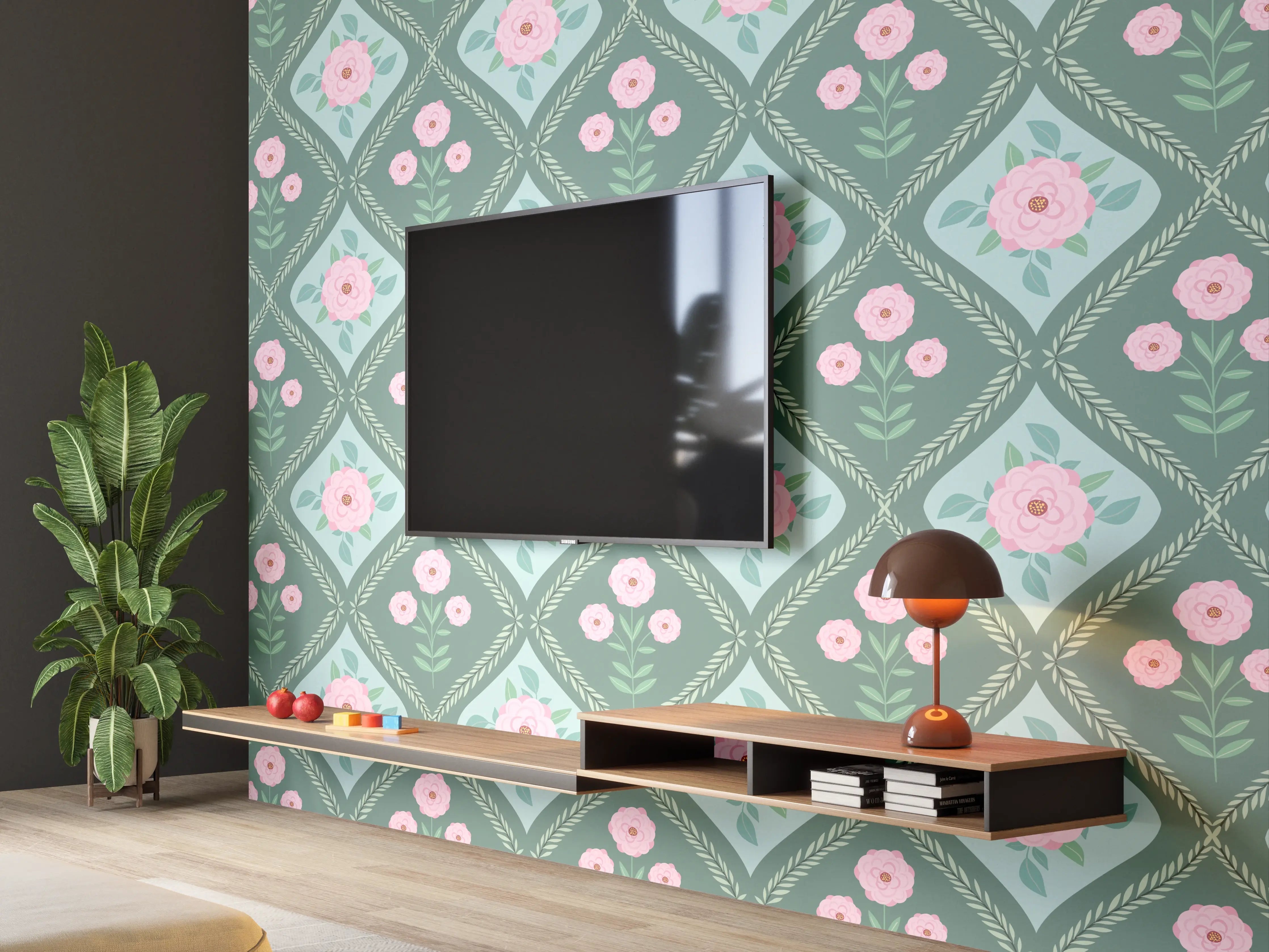 Wandverkleidung Wohnzimmer - Vintage Rosen Tapete Grün-Rosa