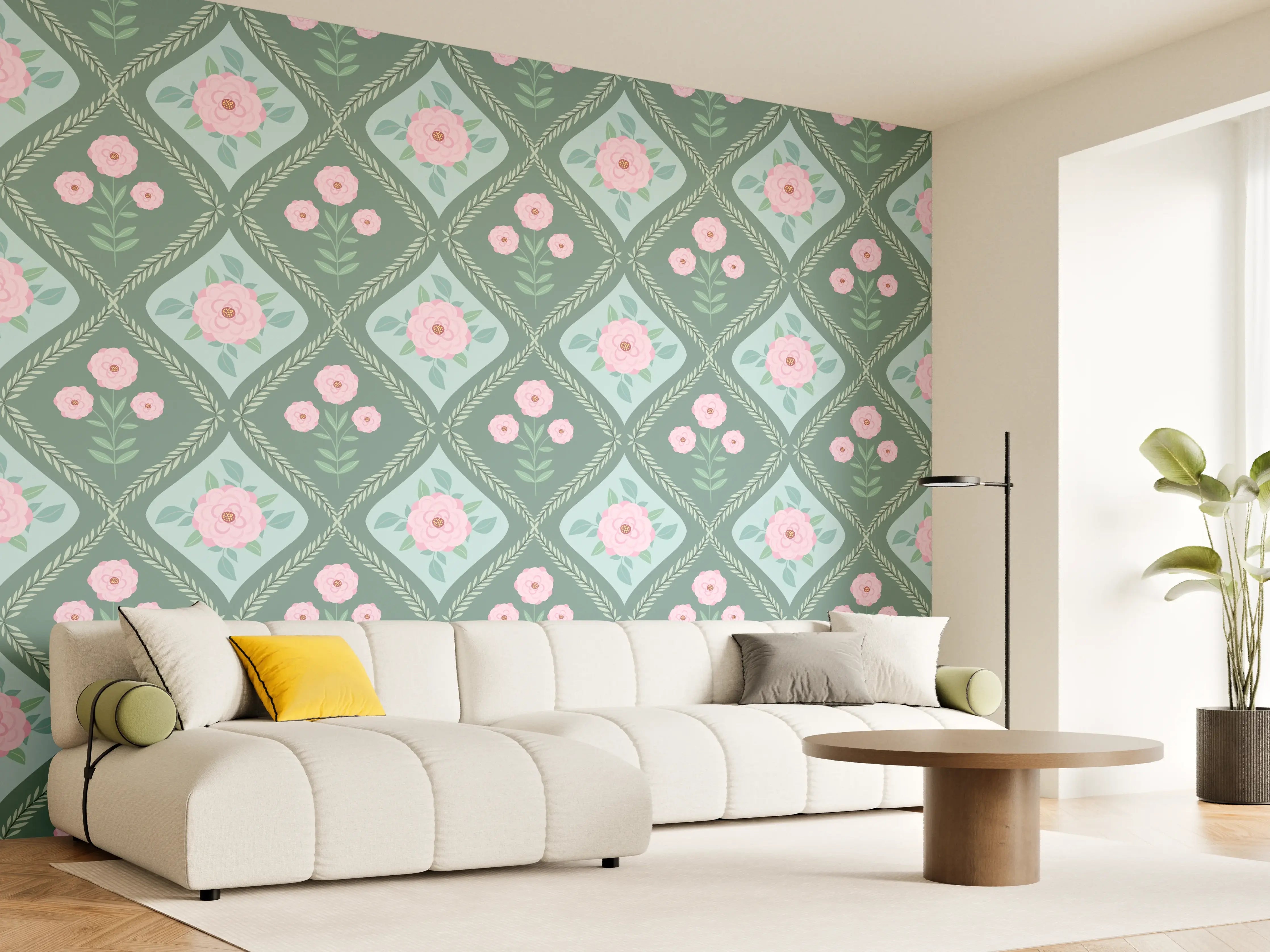 Wandverkleidung Wohnzimmer - Vintage Rosen Tapete Grün-Rosa
