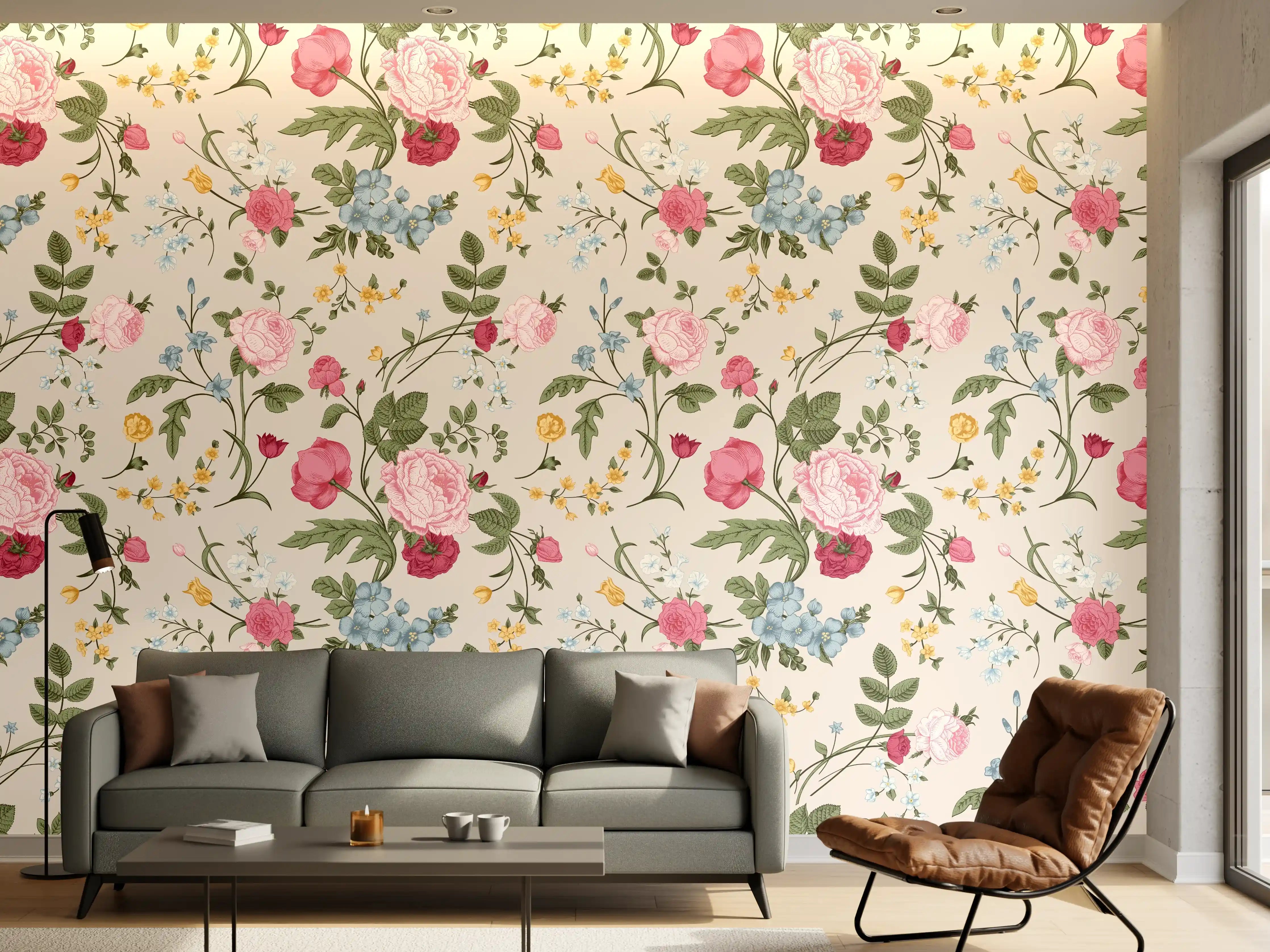 Wandverkleidung Wohnzimmer - Vintage Rosenmuster Rosa-Beige