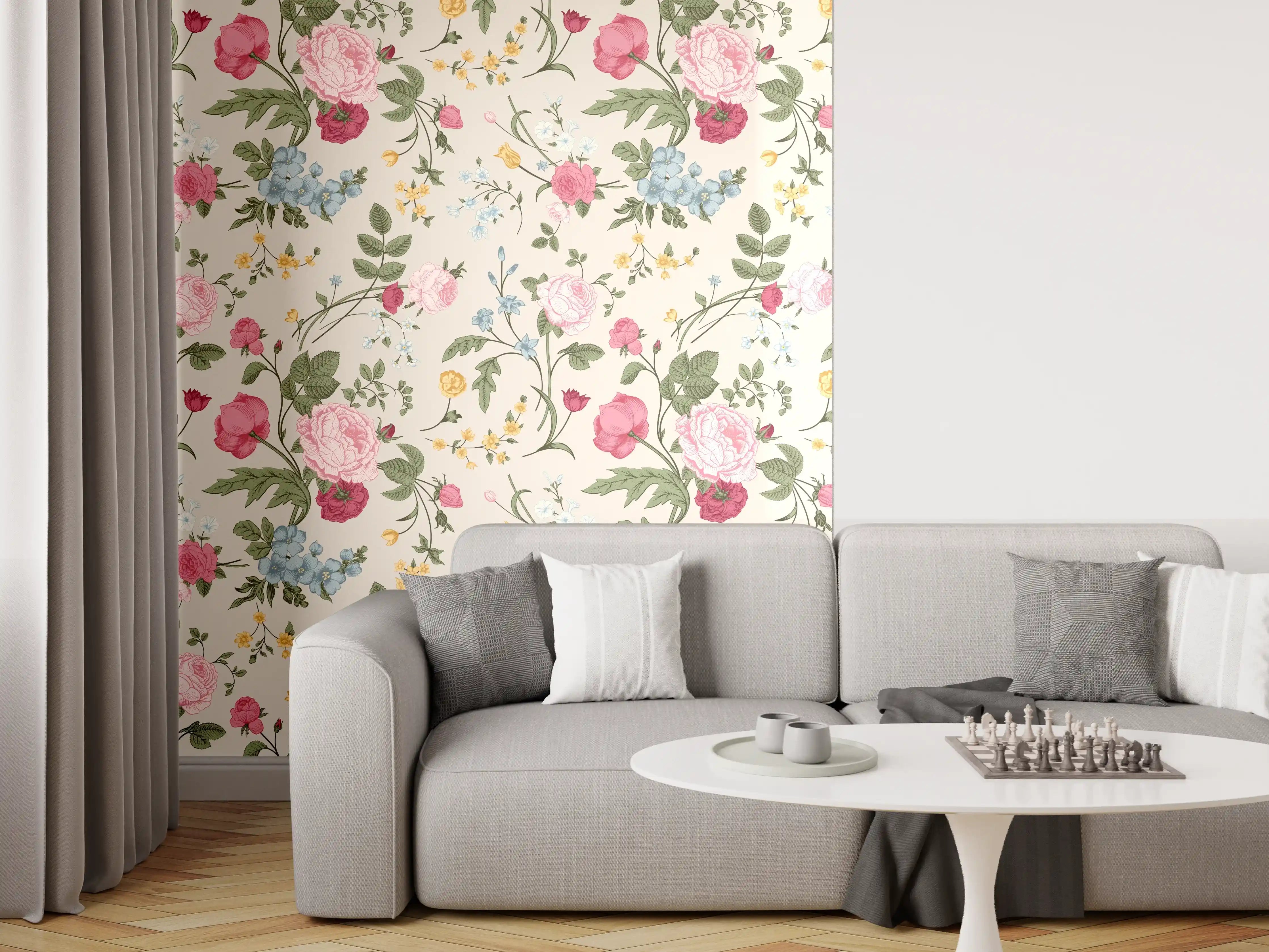 Wandverkleidung Wohnzimmer - Vintage Rosenmuster Rosa-Beige