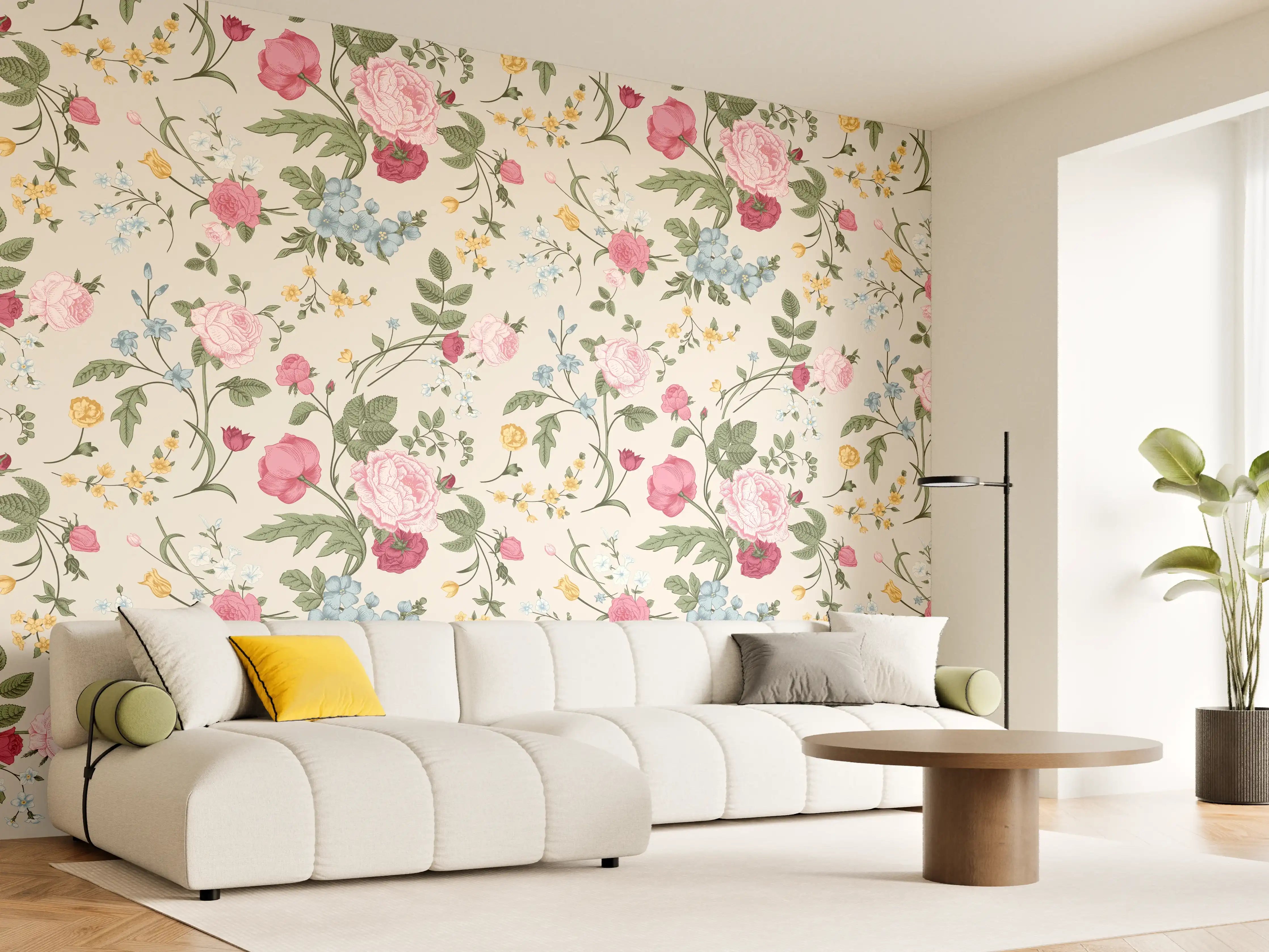 Wandverkleidung Wohnzimmer - Vintage Rosenmuster Rosa-Beige