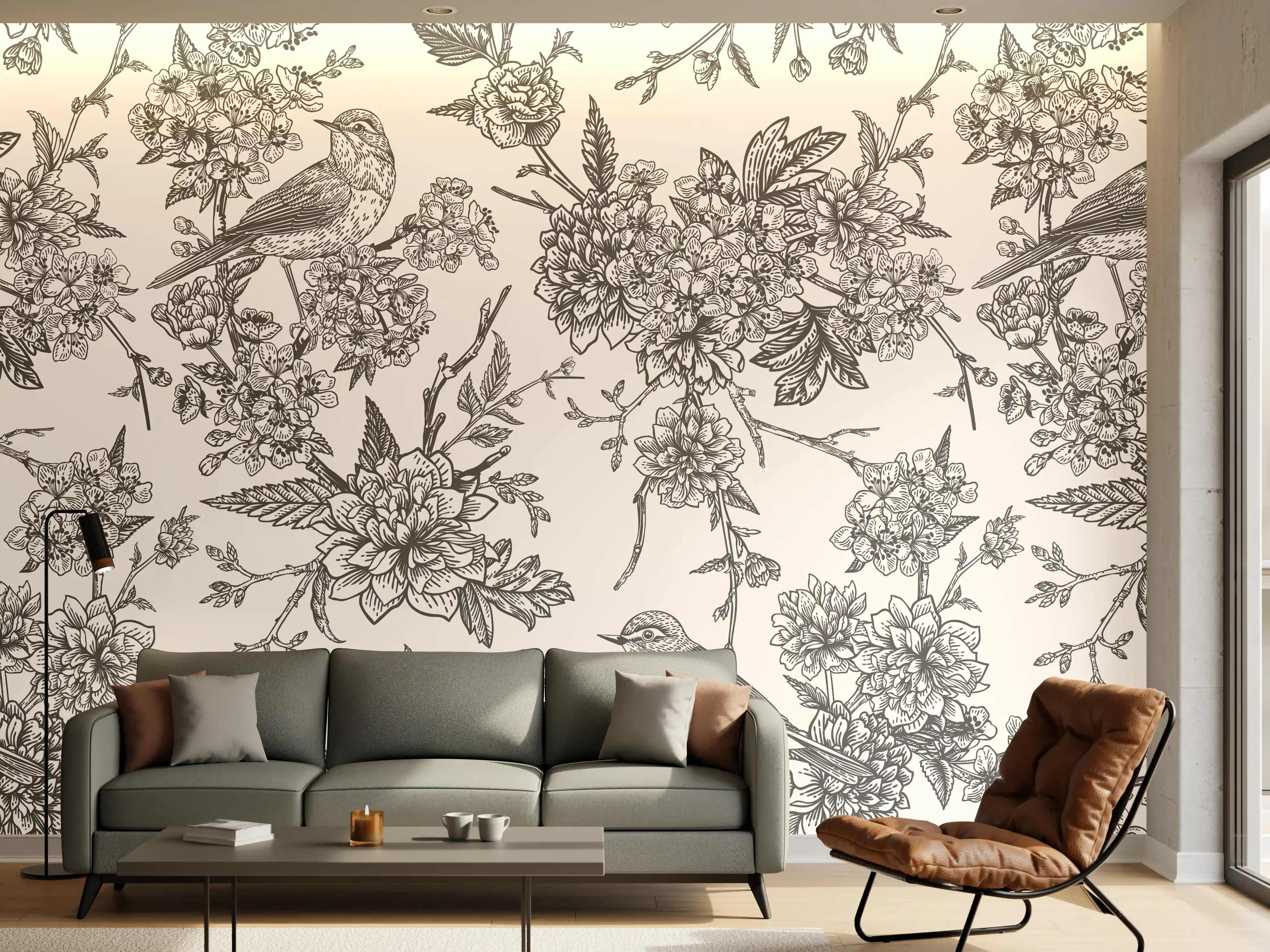 Wandverkleidung Wohnzimmer - Vintage Schwarzweiß Blumenmuster