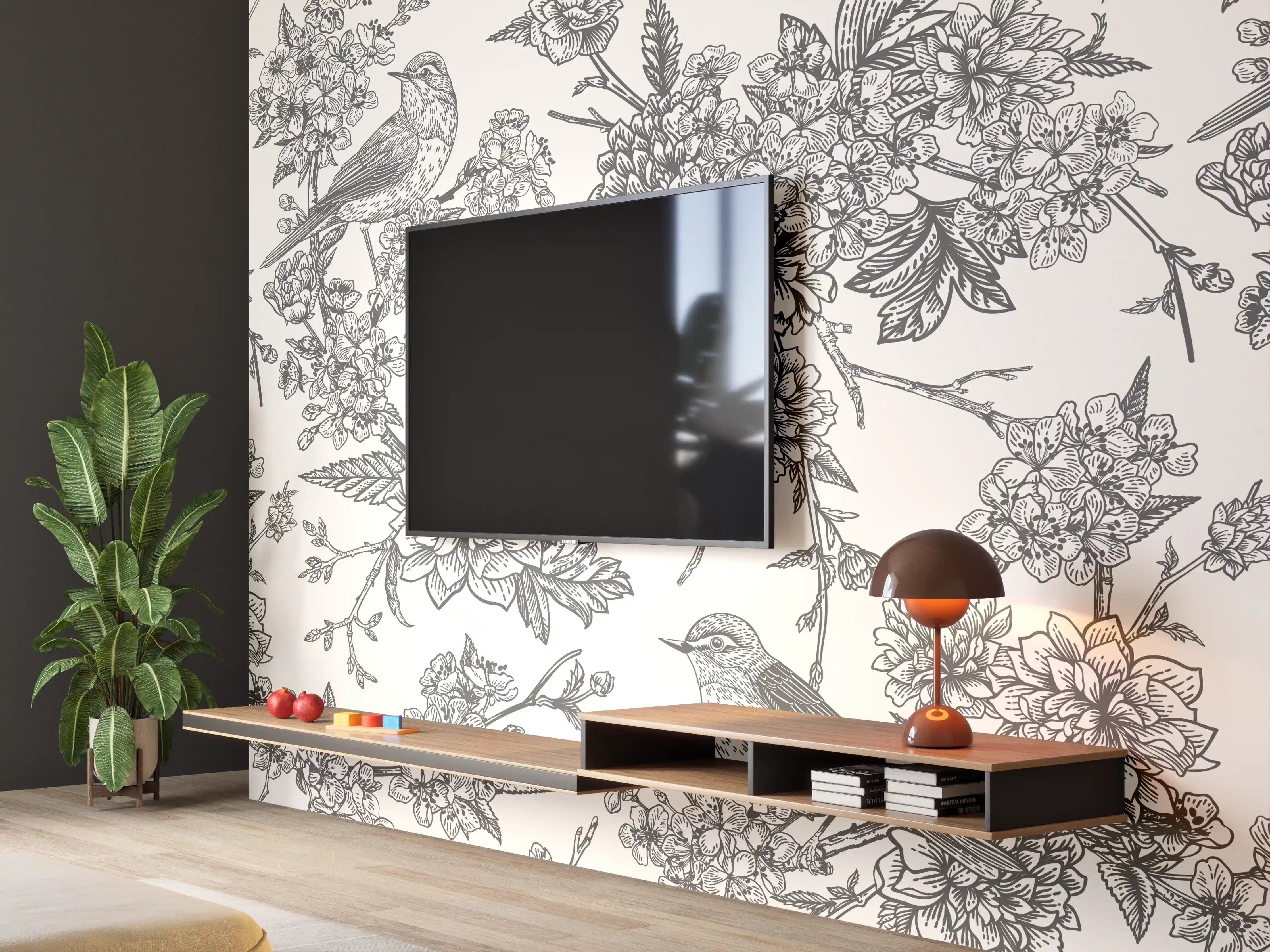 Wandverkleidung Wohnzimmer - Vintage Schwarzweiß Blumenmuster
