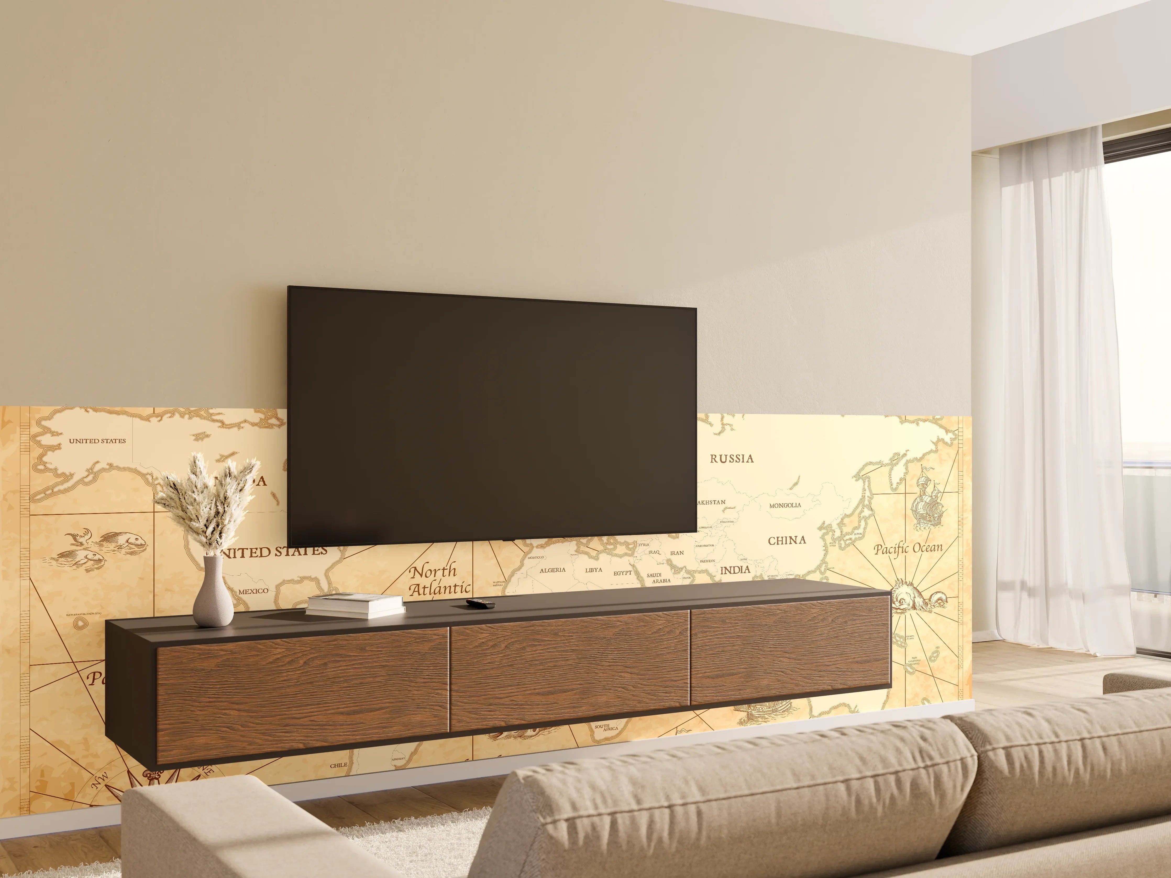 Wandverkleidung Wohnzimmer - Vintage-Stil Weltkarte Sepia