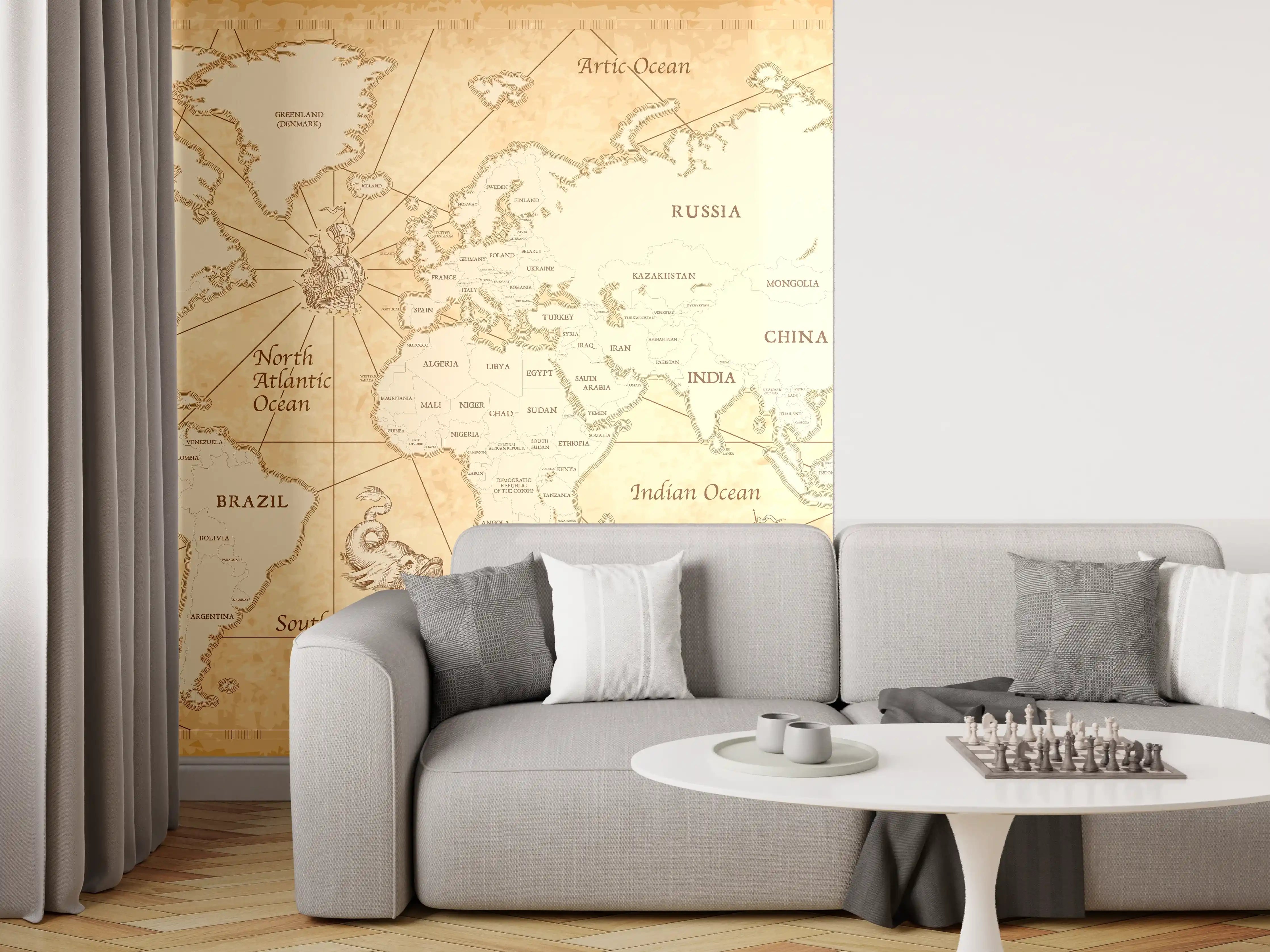 Wandverkleidung Wohnzimmer - Vintage-Stil Weltkarte Sepia