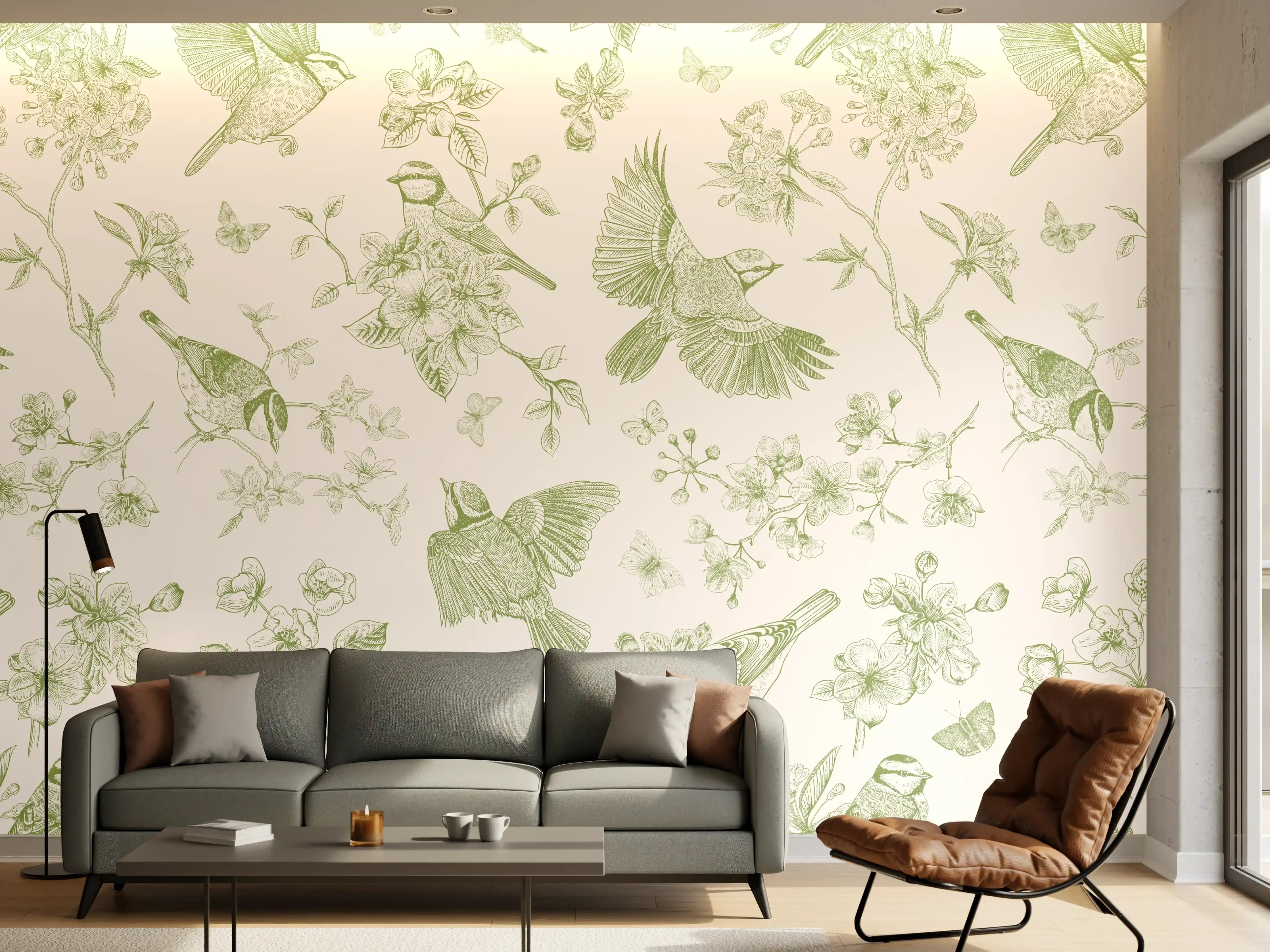 Wandverkleidung Wohnzimmer - Vintage Vogelgarten Grün-Beige