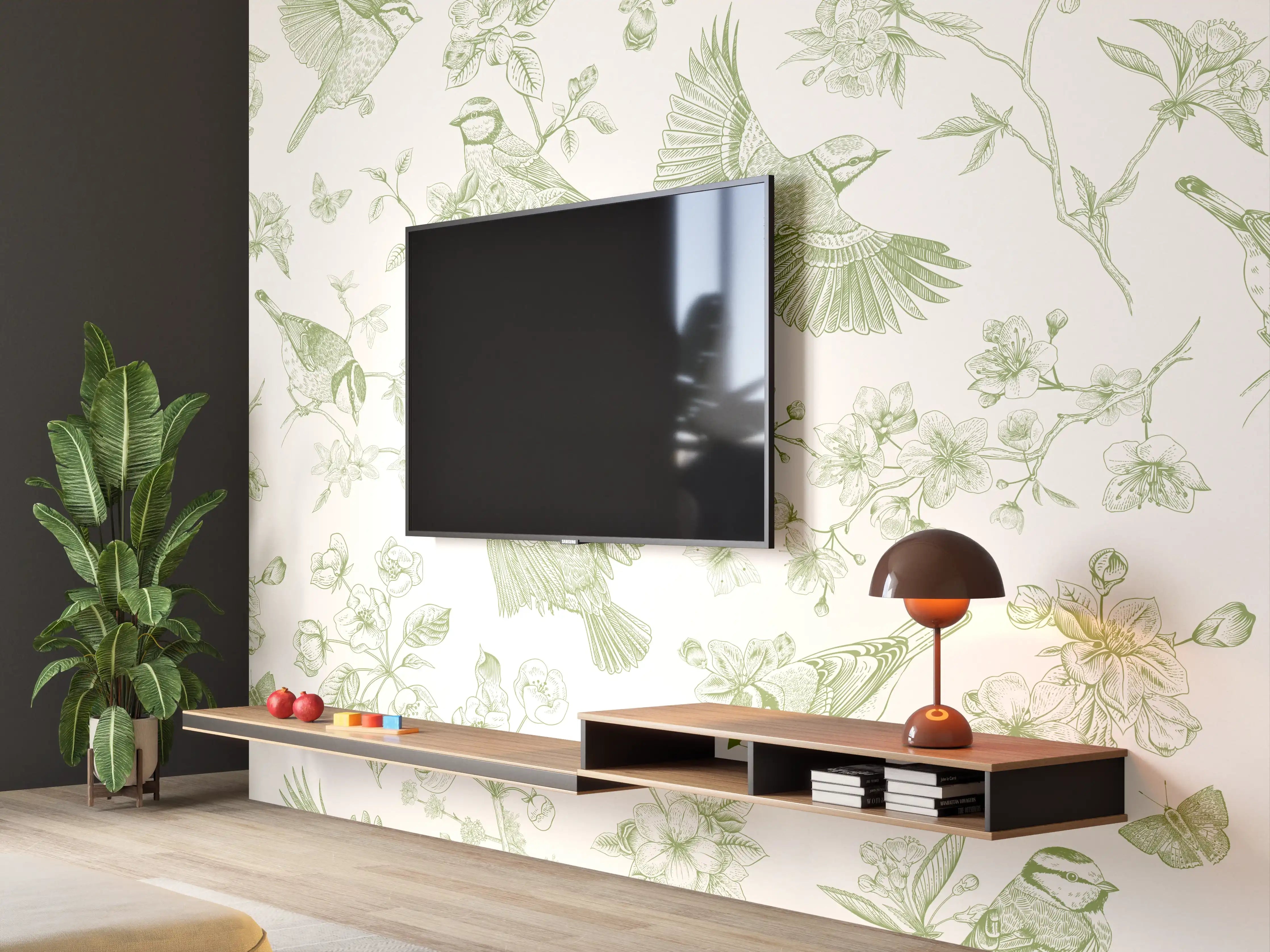 Wandverkleidung Wohnzimmer - Vintage Vogelgarten Grün-Beige