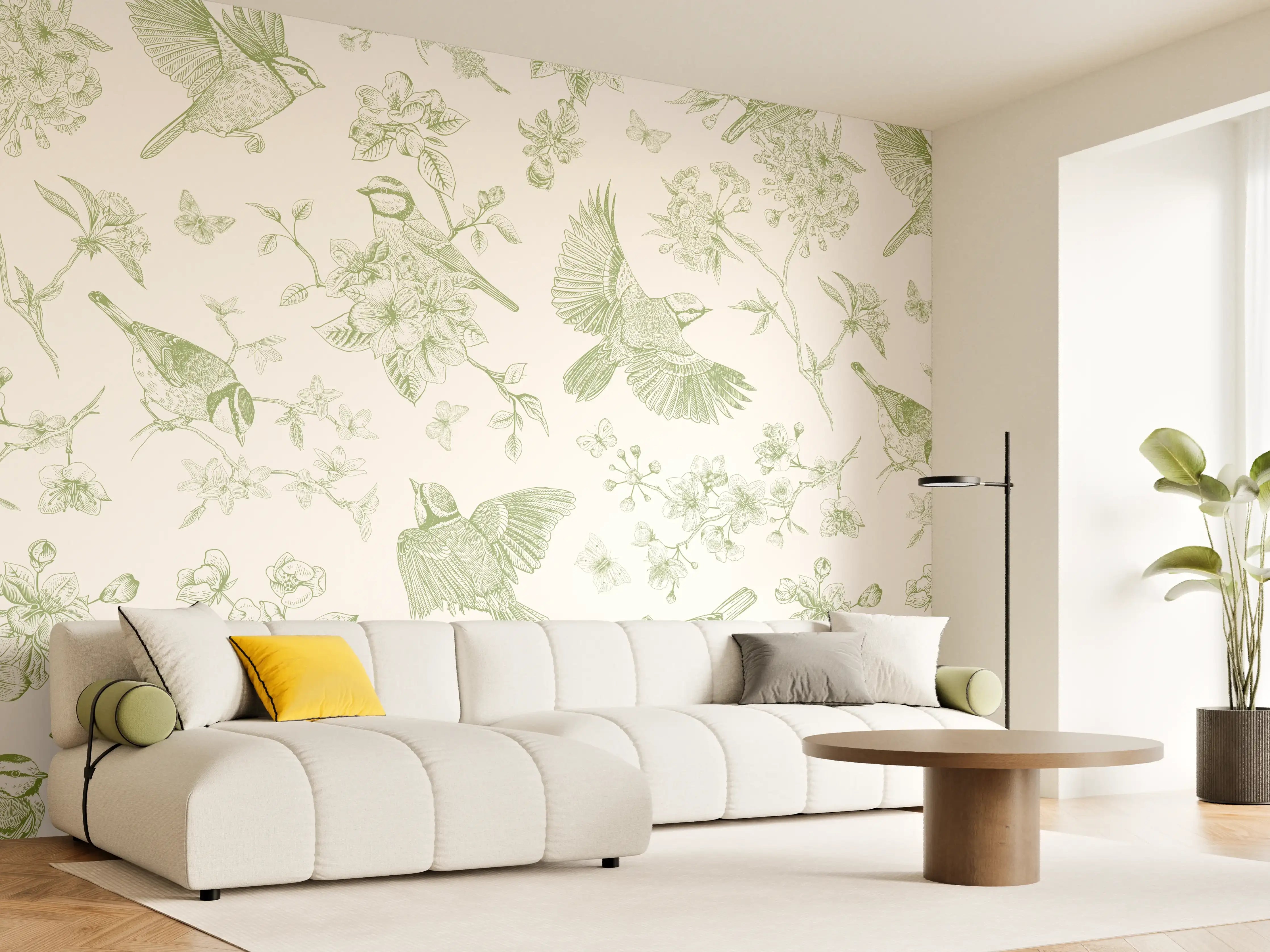 Wandverkleidung Wohnzimmer - Vintage Vogelgarten Grün-Beige