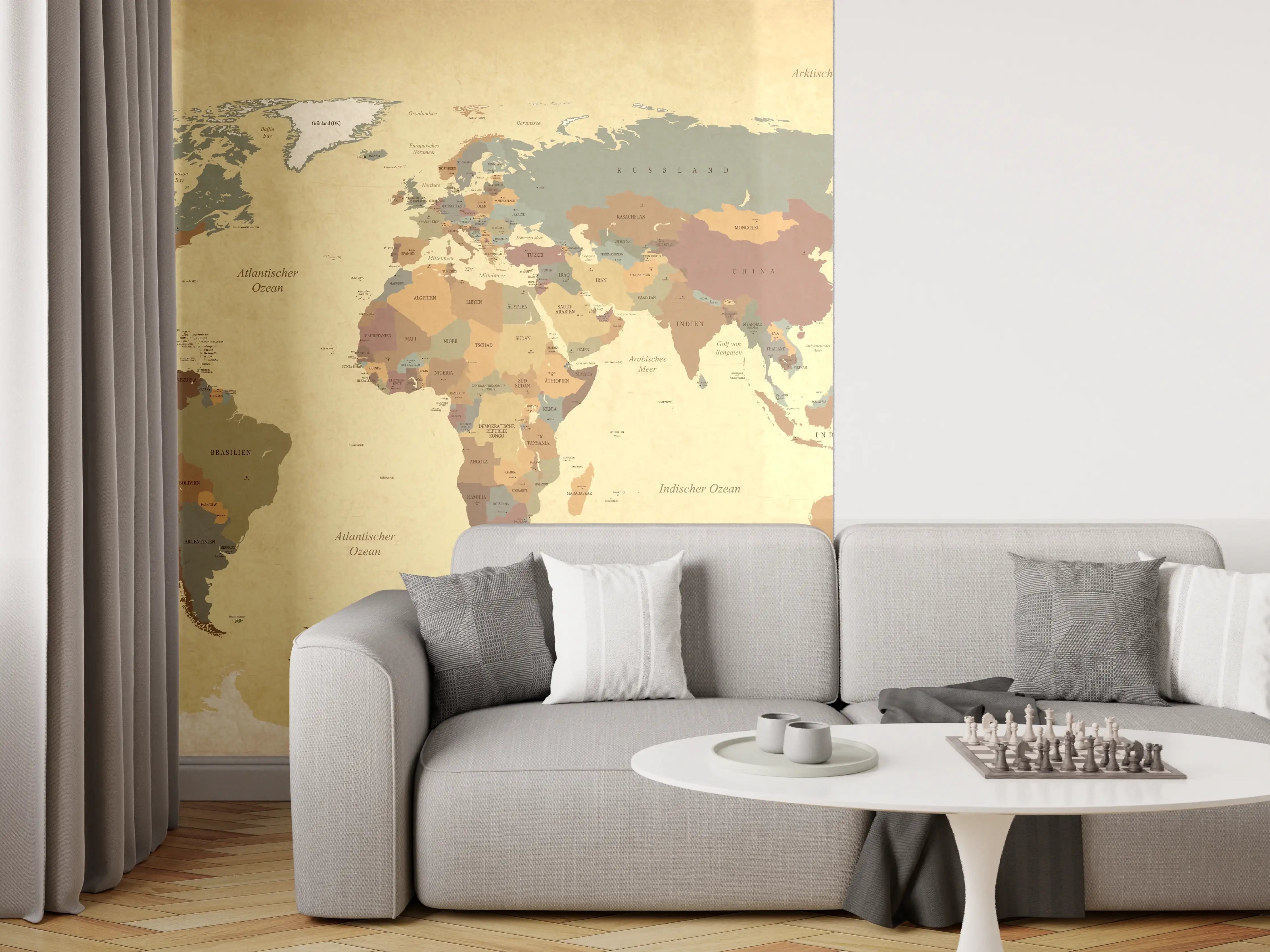 Wandverkleidung Wohnzimmer - Vintage Weltkarte Textur Beige