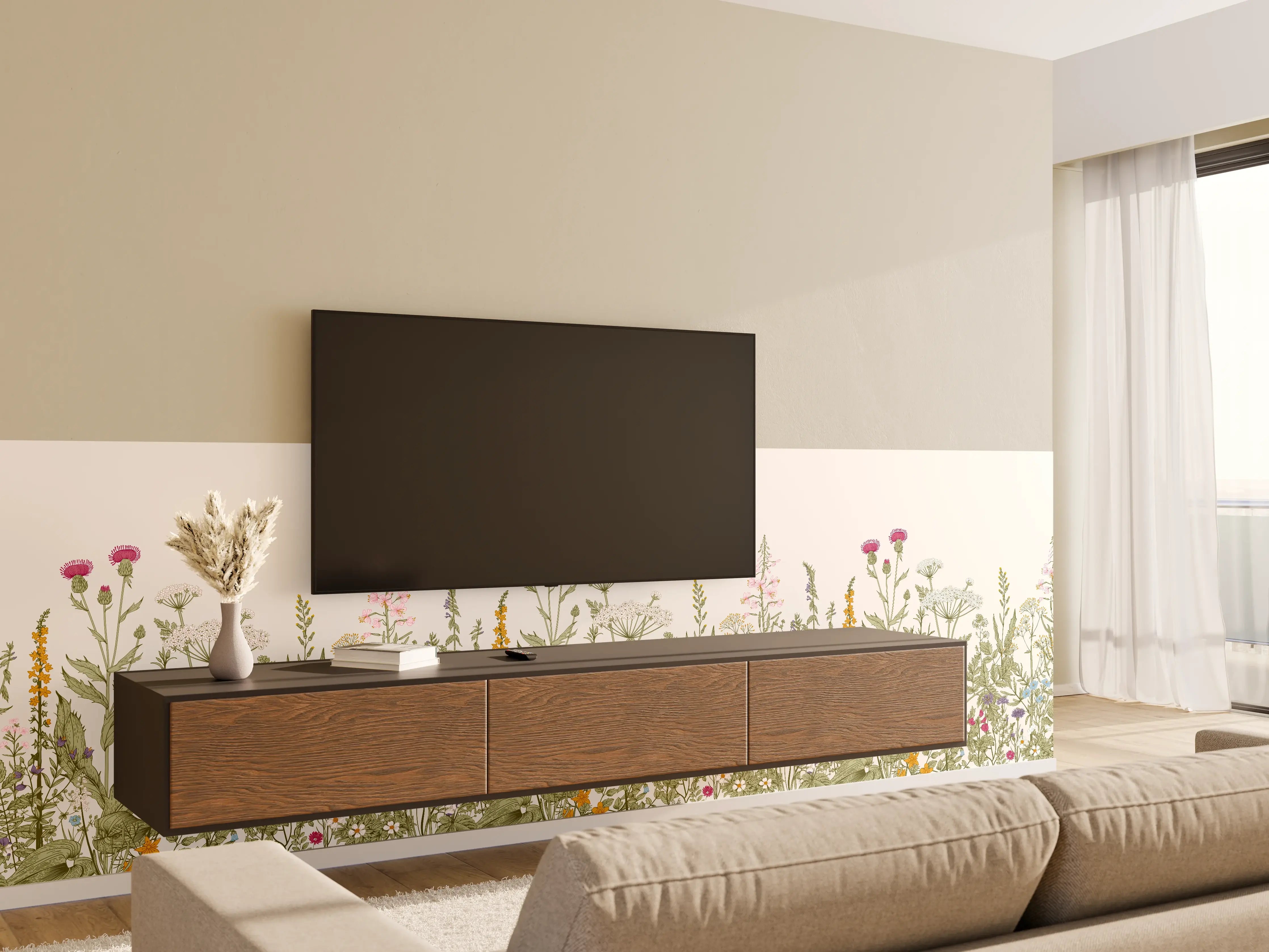 Wandverkleidung Wohnzimmer - Vintage Wiesenblumen Bordüre Beige-Grün