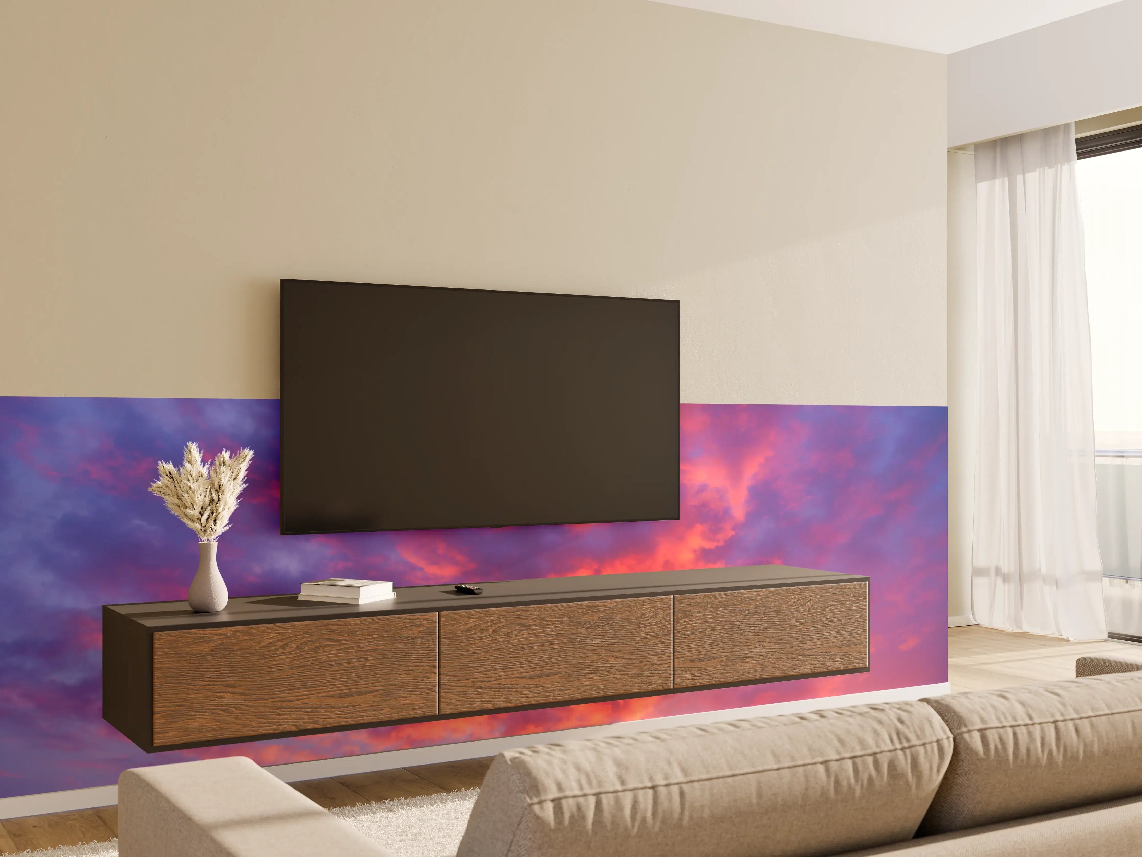 Wandverkleidung Wohnzimmer - Violett-Pinker Sonnenuntergang