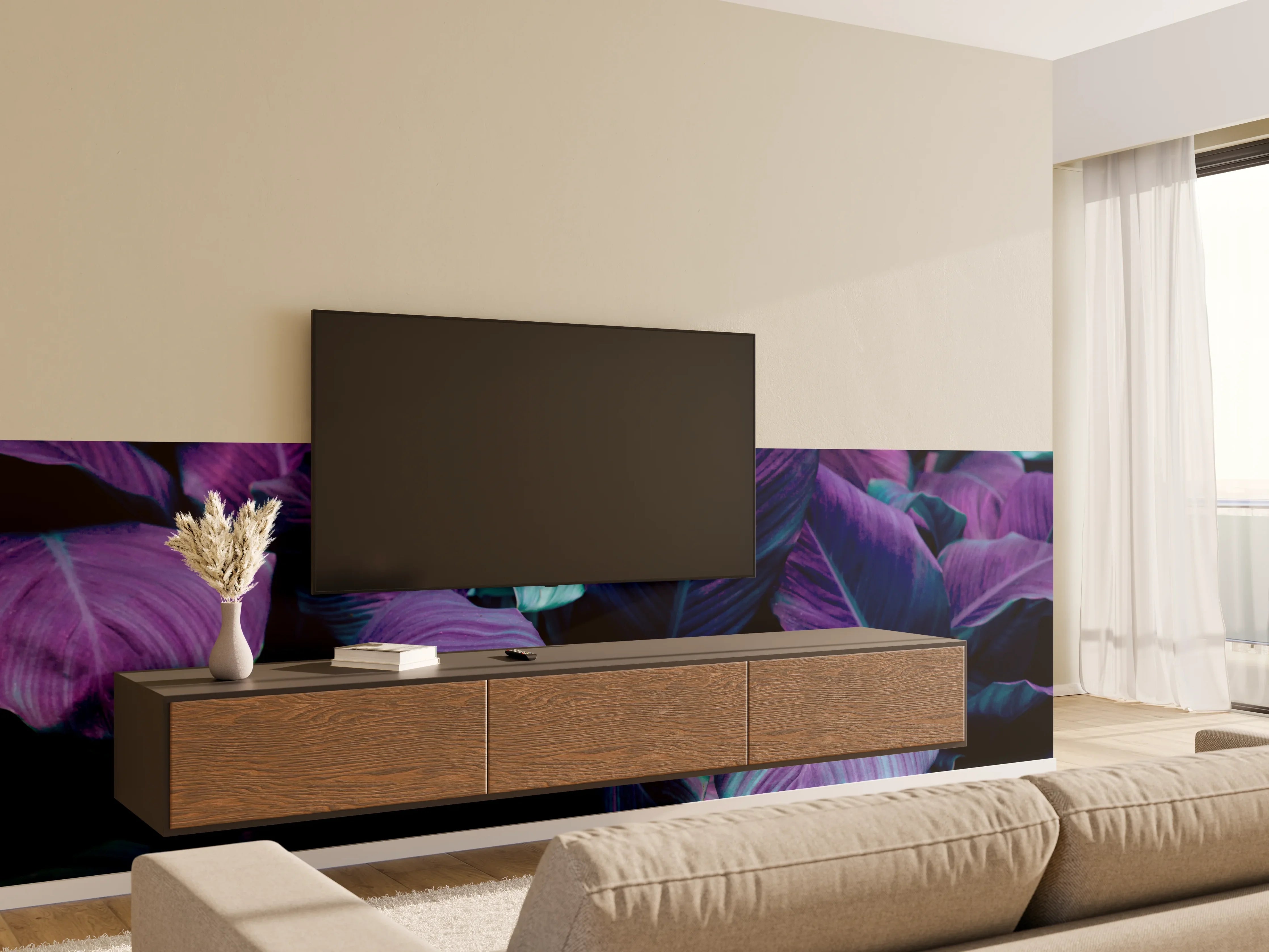 Wandverkleidung Wohnzimmer - Violette Blätter im Dunkel