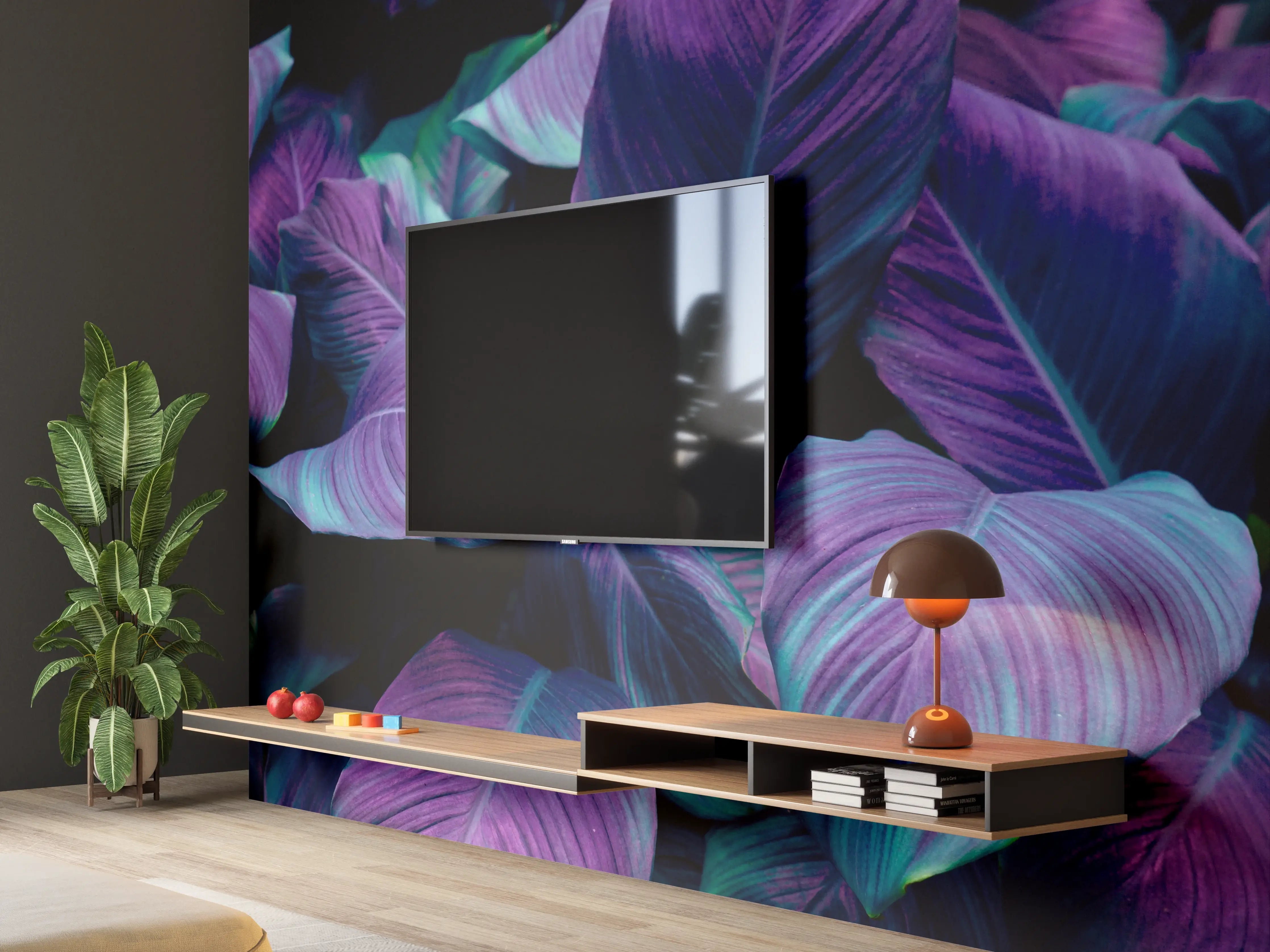 Wandverkleidung Wohnzimmer - Violette Blätter im Dunkel