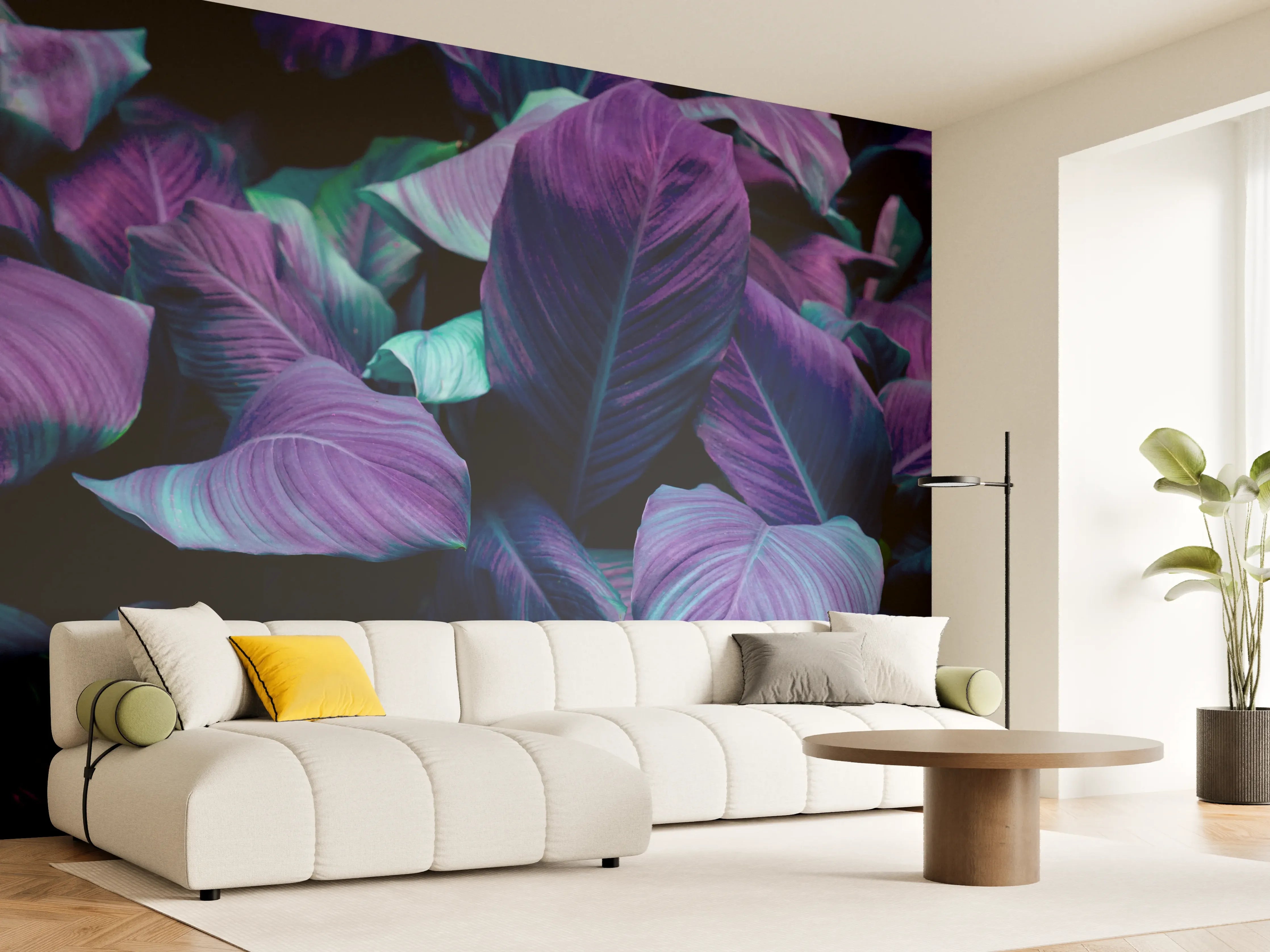 Wandverkleidung Wohnzimmer - Violette Blätter im Dunkel