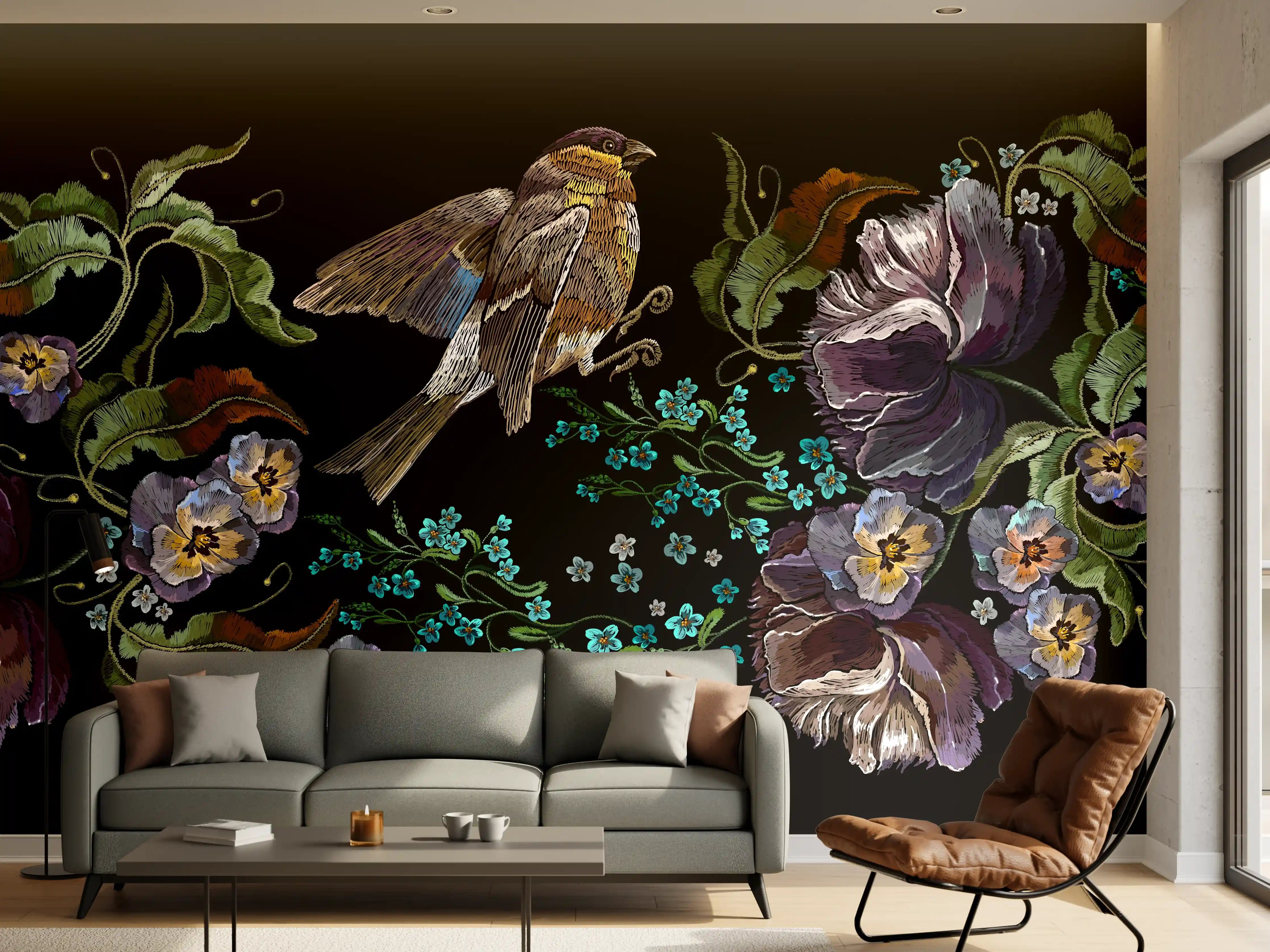 Wandverkleidung Wohnzimmer - Violette Blumen Vogelmuster Stickerei