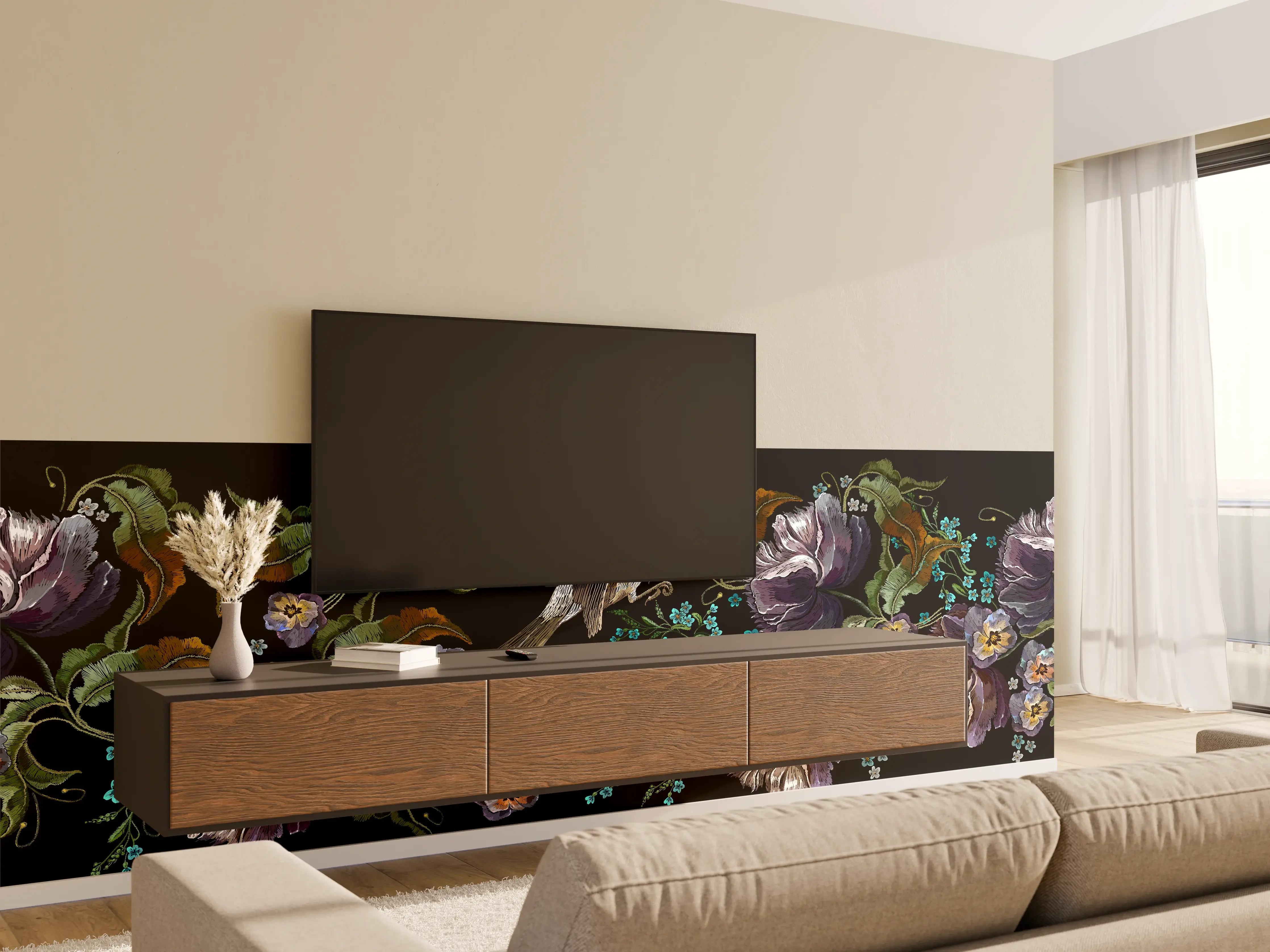 Wandverkleidung Wohnzimmer - Violette Blumen Vogelmuster Stickerei