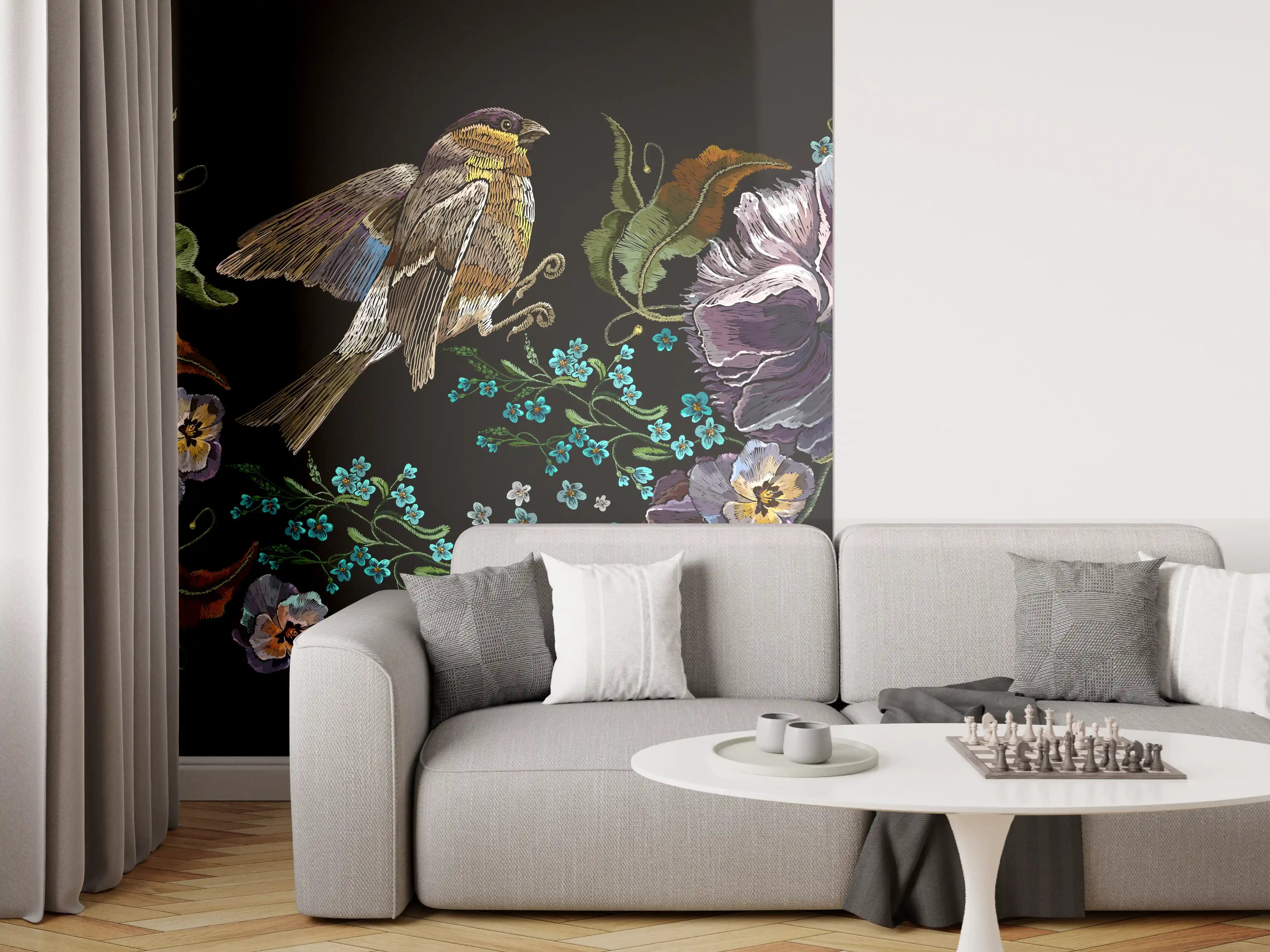 Wandverkleidung Wohnzimmer - Violette Blumen Vogelmuster Stickerei