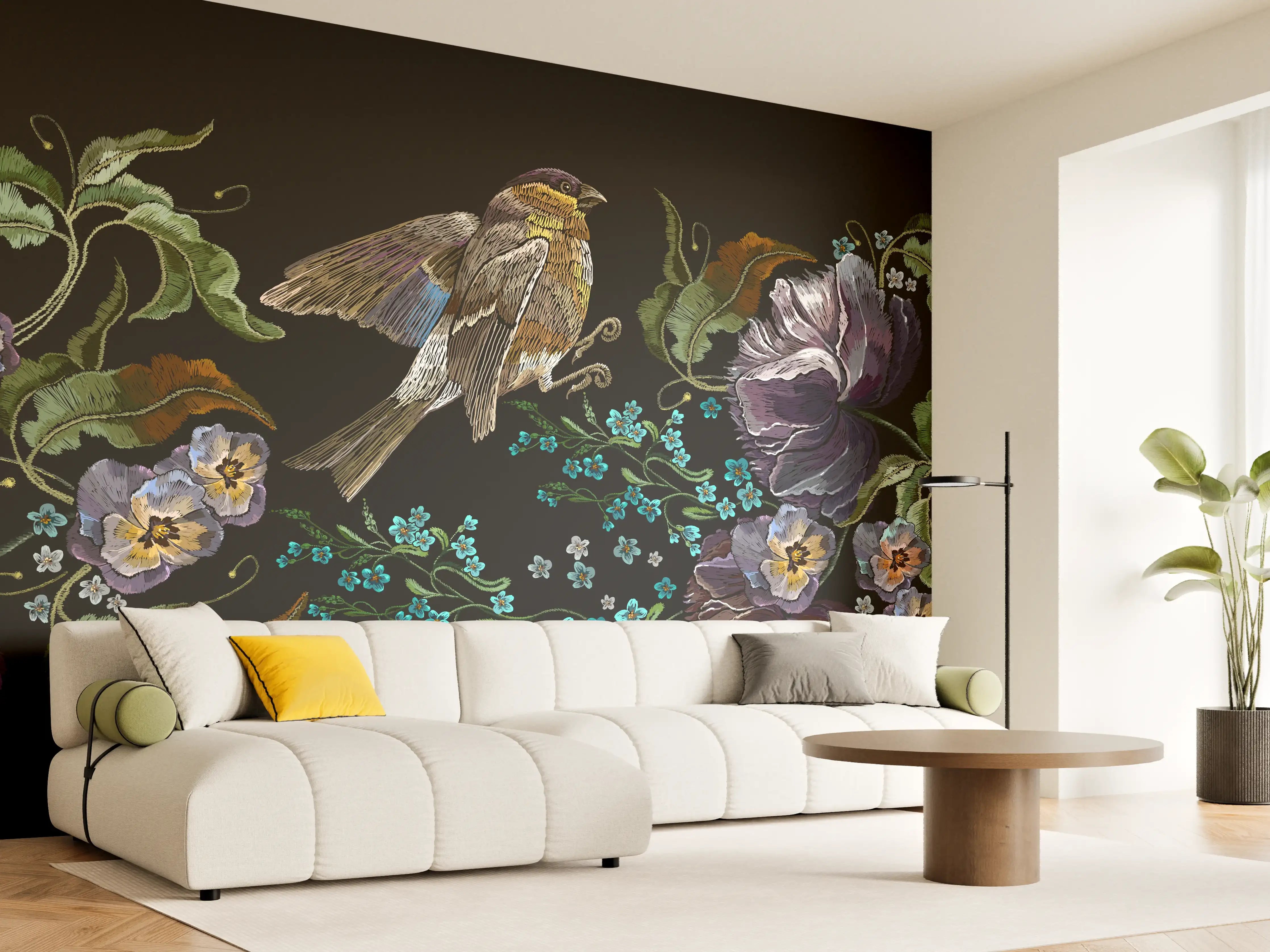 Wandverkleidung Wohnzimmer - Violette Blumen Vogelmuster Stickerei