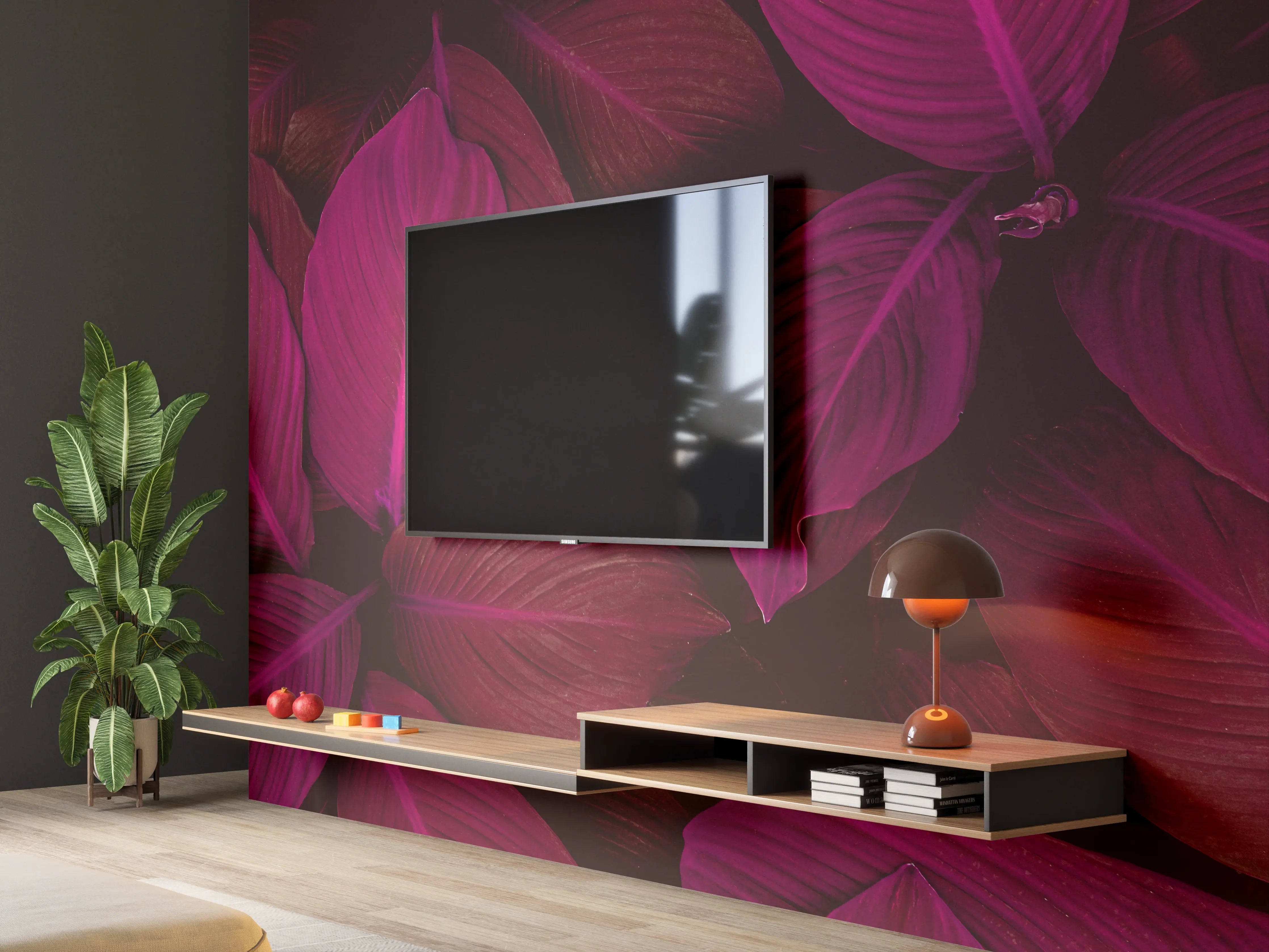 Wandverkleidung Wohnzimmer - Violette Blumenblätter in dunklem Hintergrund