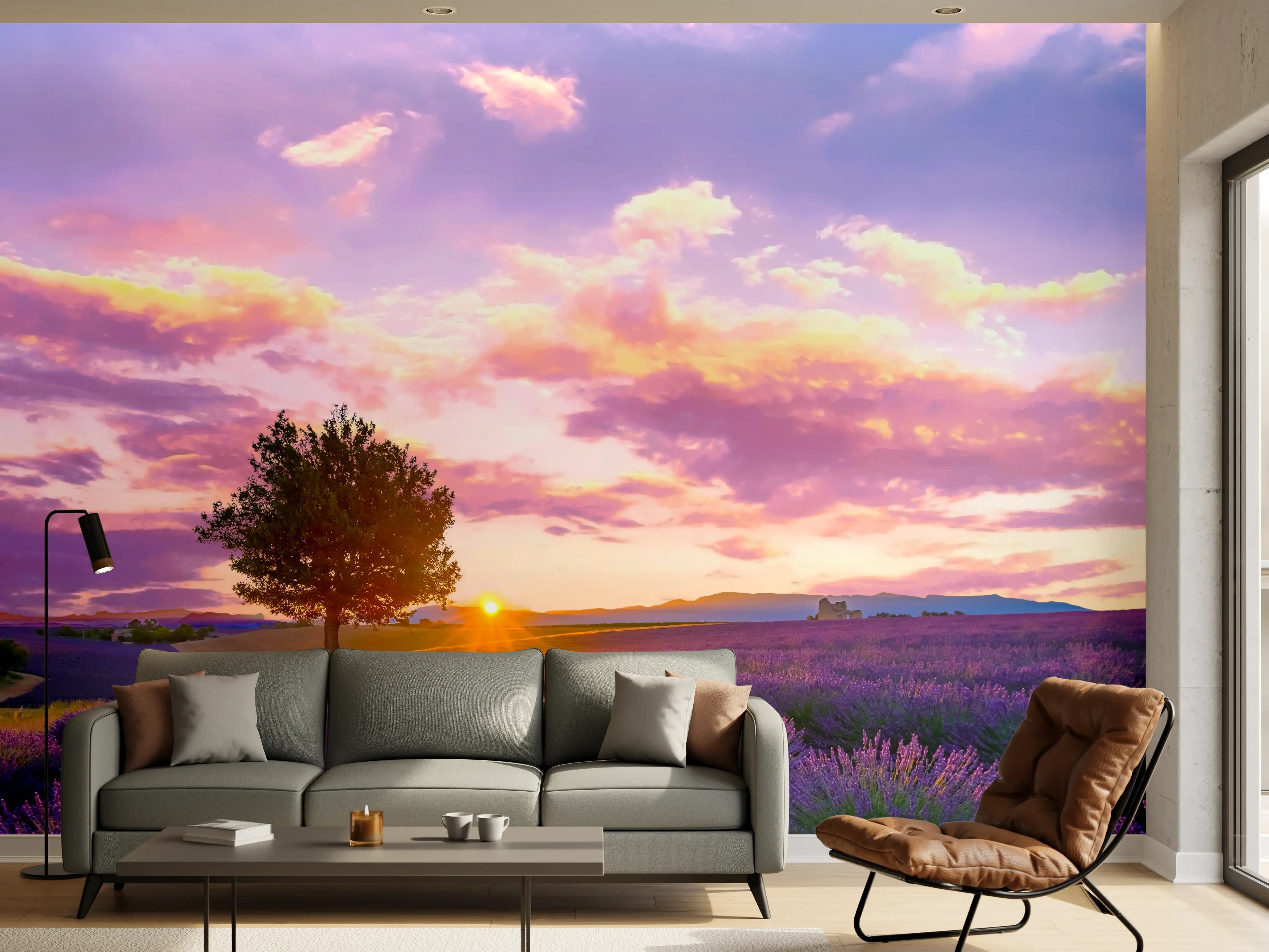 Wandverkleidung Wohnzimmer - Violette Lavendelfelder im Sonnenuntergang