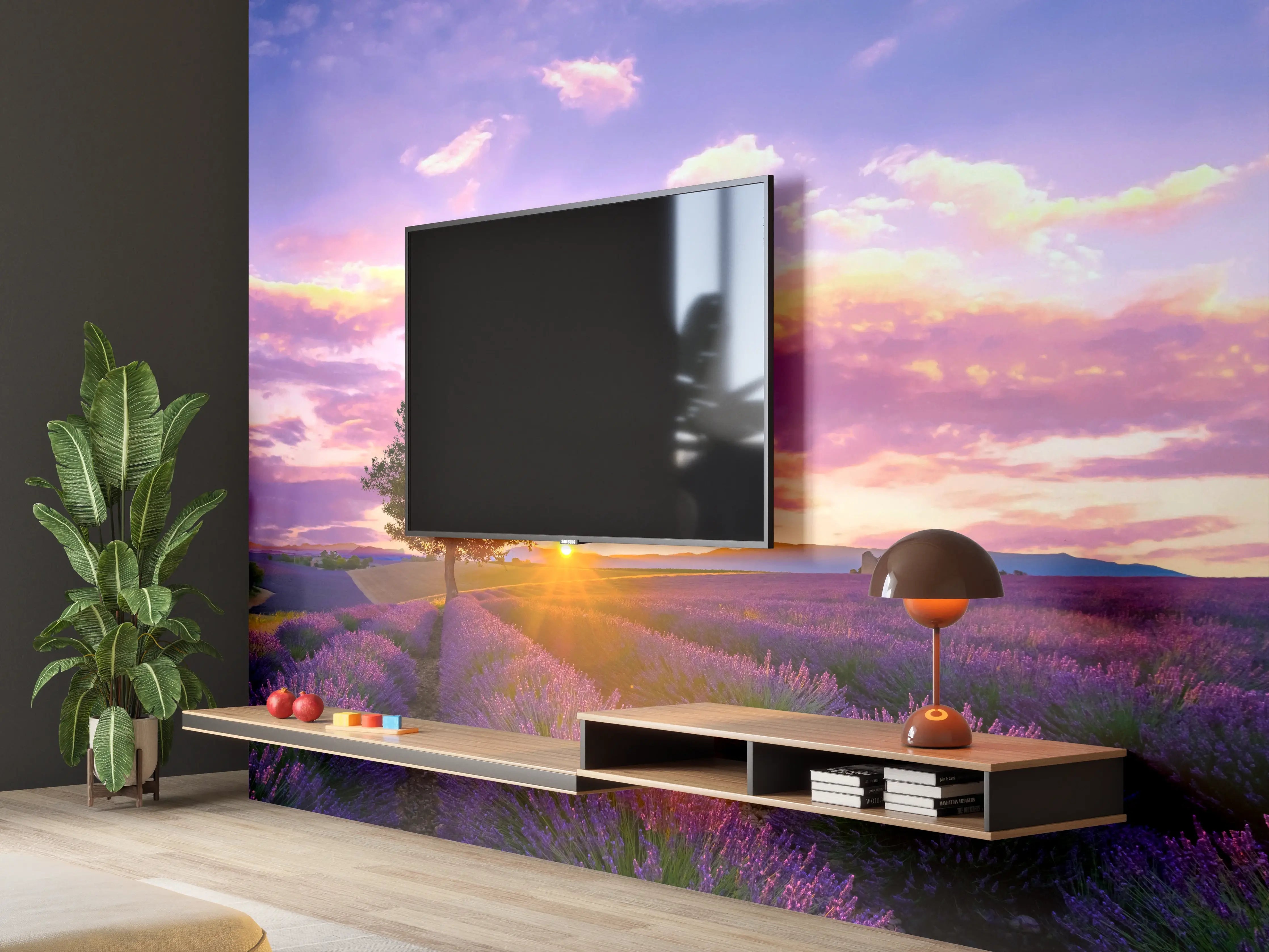 Wandverkleidung Wohnzimmer - Violette Lavendelfelder im Sonnenuntergang
