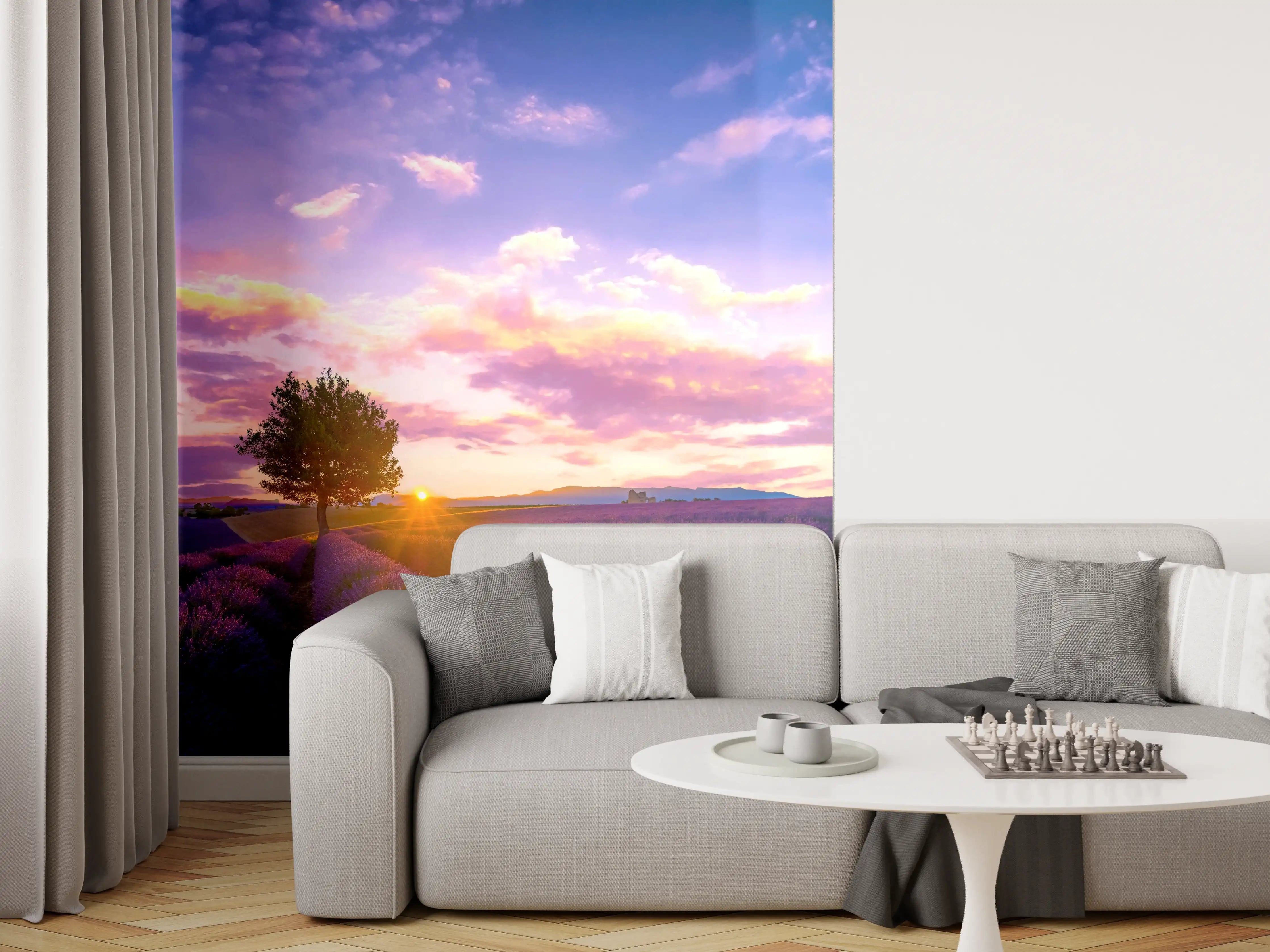 Wandverkleidung Wohnzimmer - Violette Lavendelfelder im Sonnenuntergang