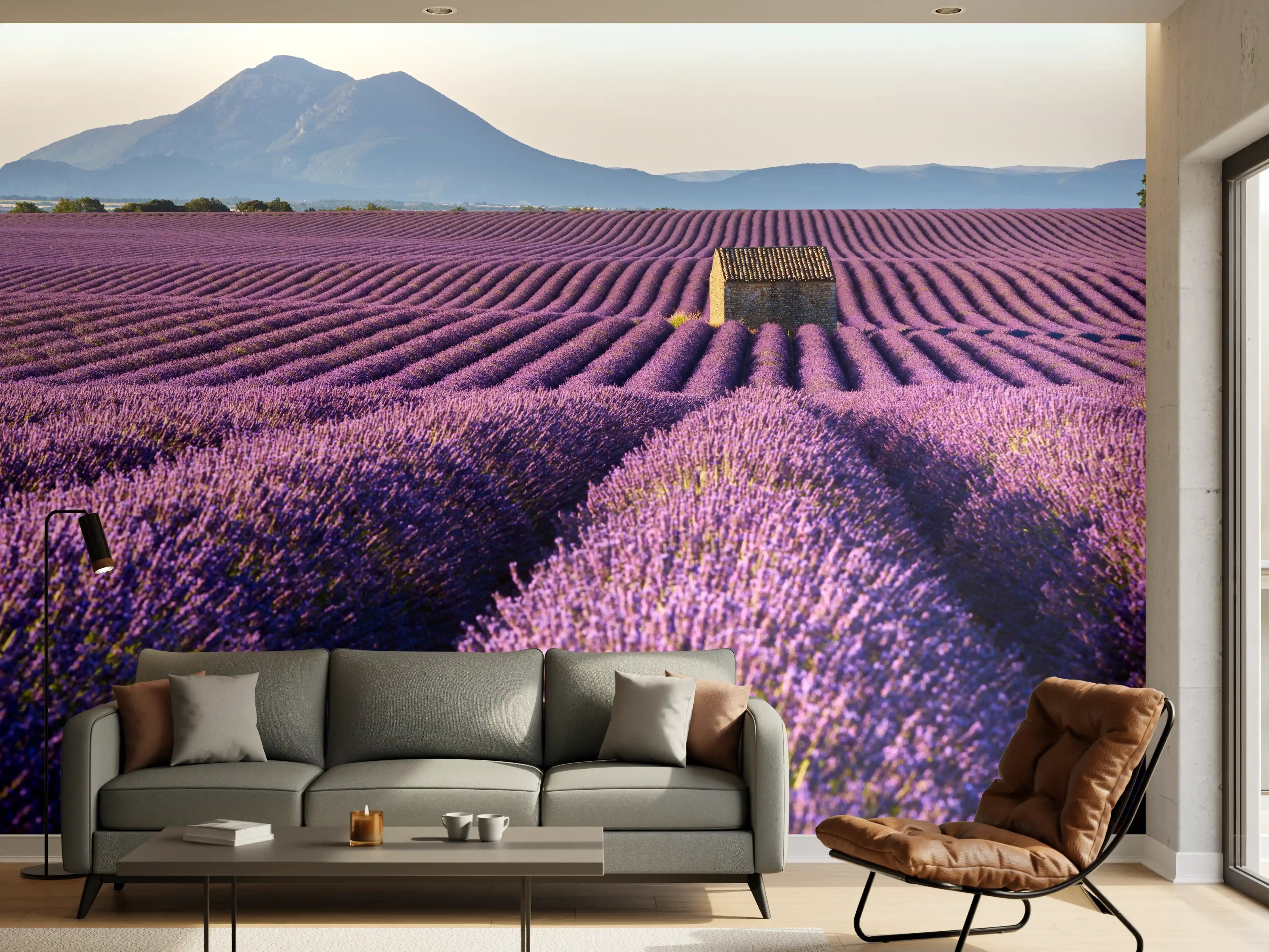 Wandverkleidung Wohnzimmer - Violette Lavendelfelder mit Bergkulisse