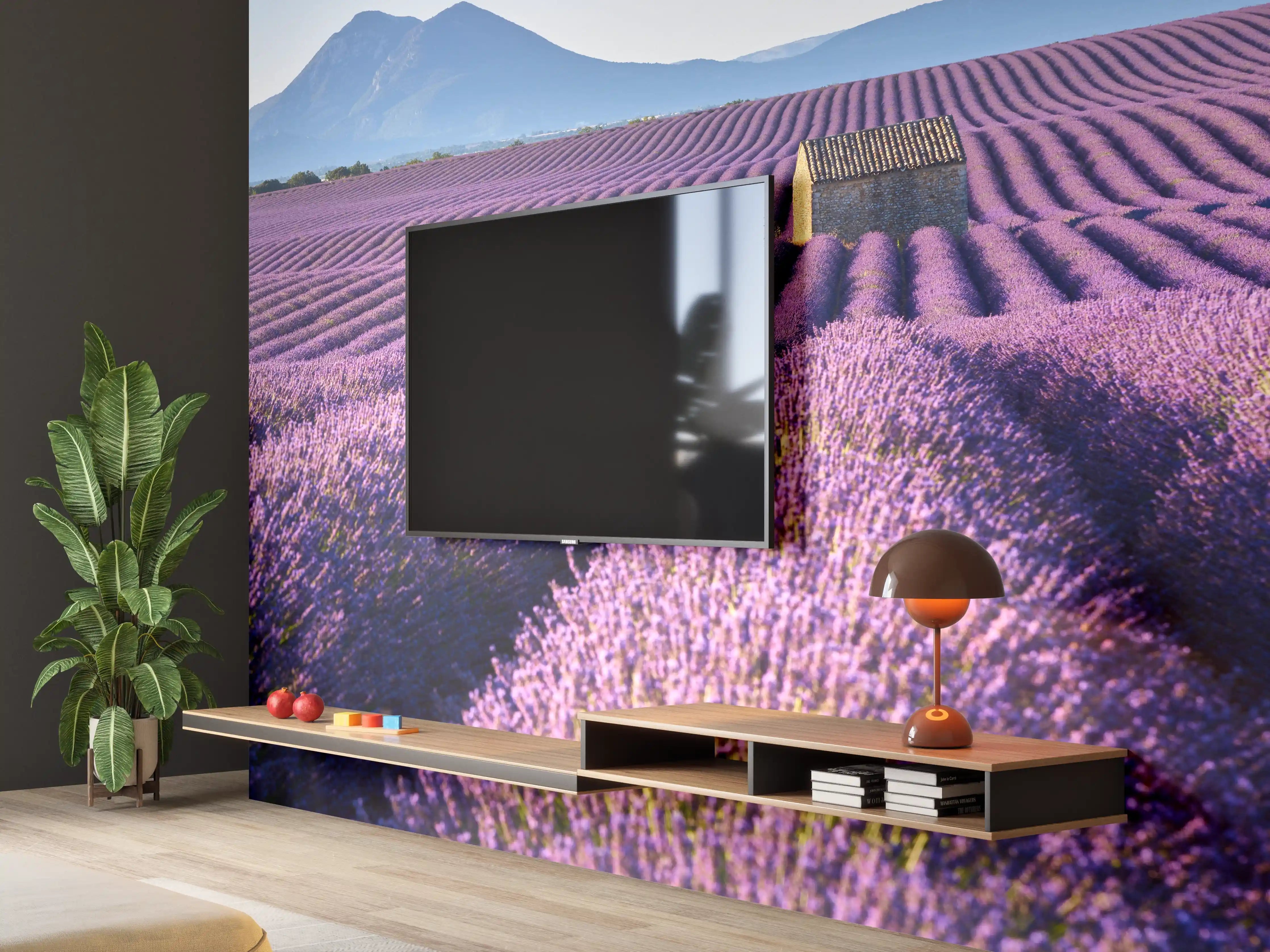 Wandverkleidung Wohnzimmer - Violette Lavendelfelder mit Bergkulisse