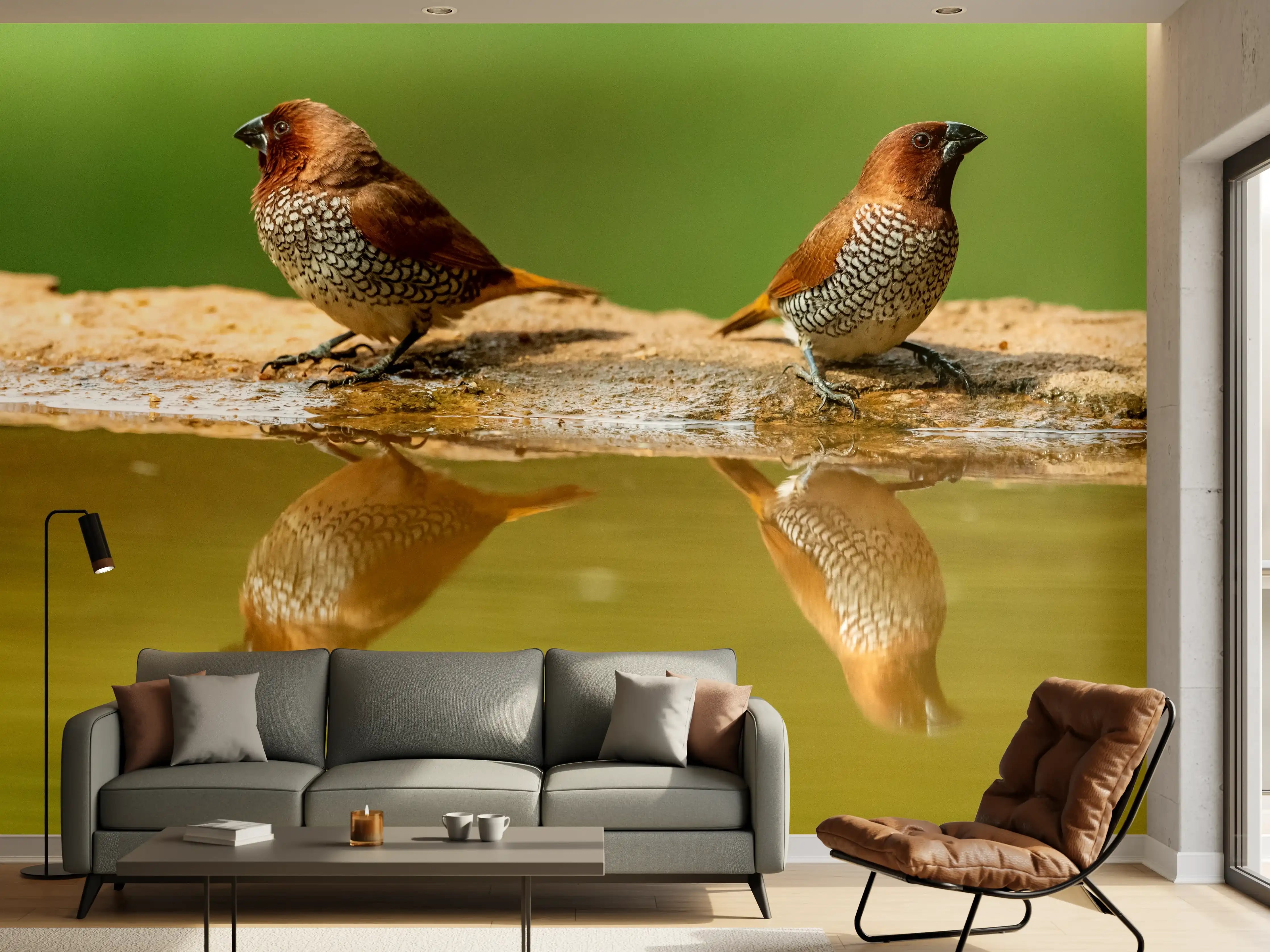 Wandverkleidung Wohnzimmer - Vögel Spiegelung im Wasser