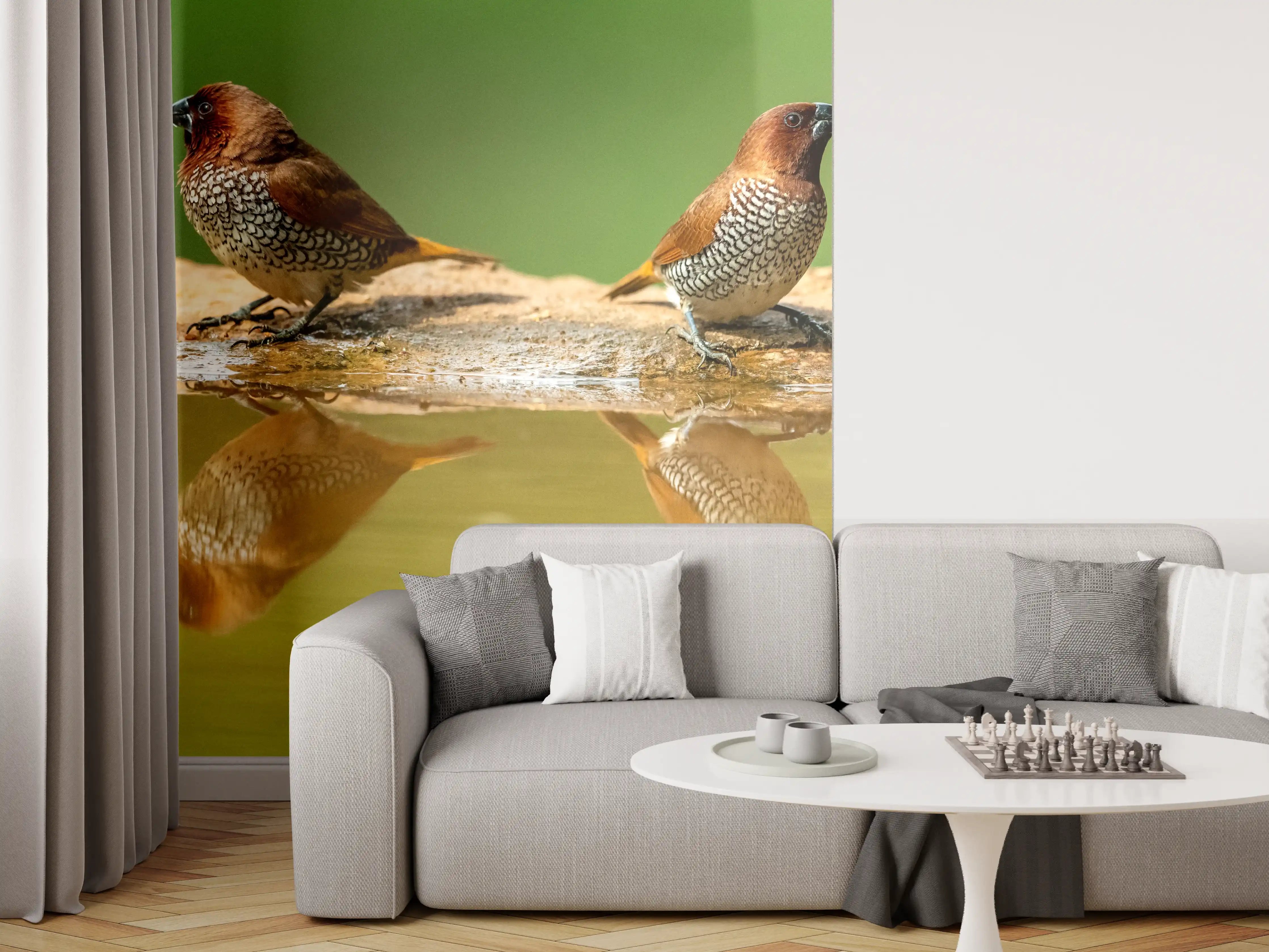 Wandverkleidung Wohnzimmer - Vögel Spiegelung im Wasser