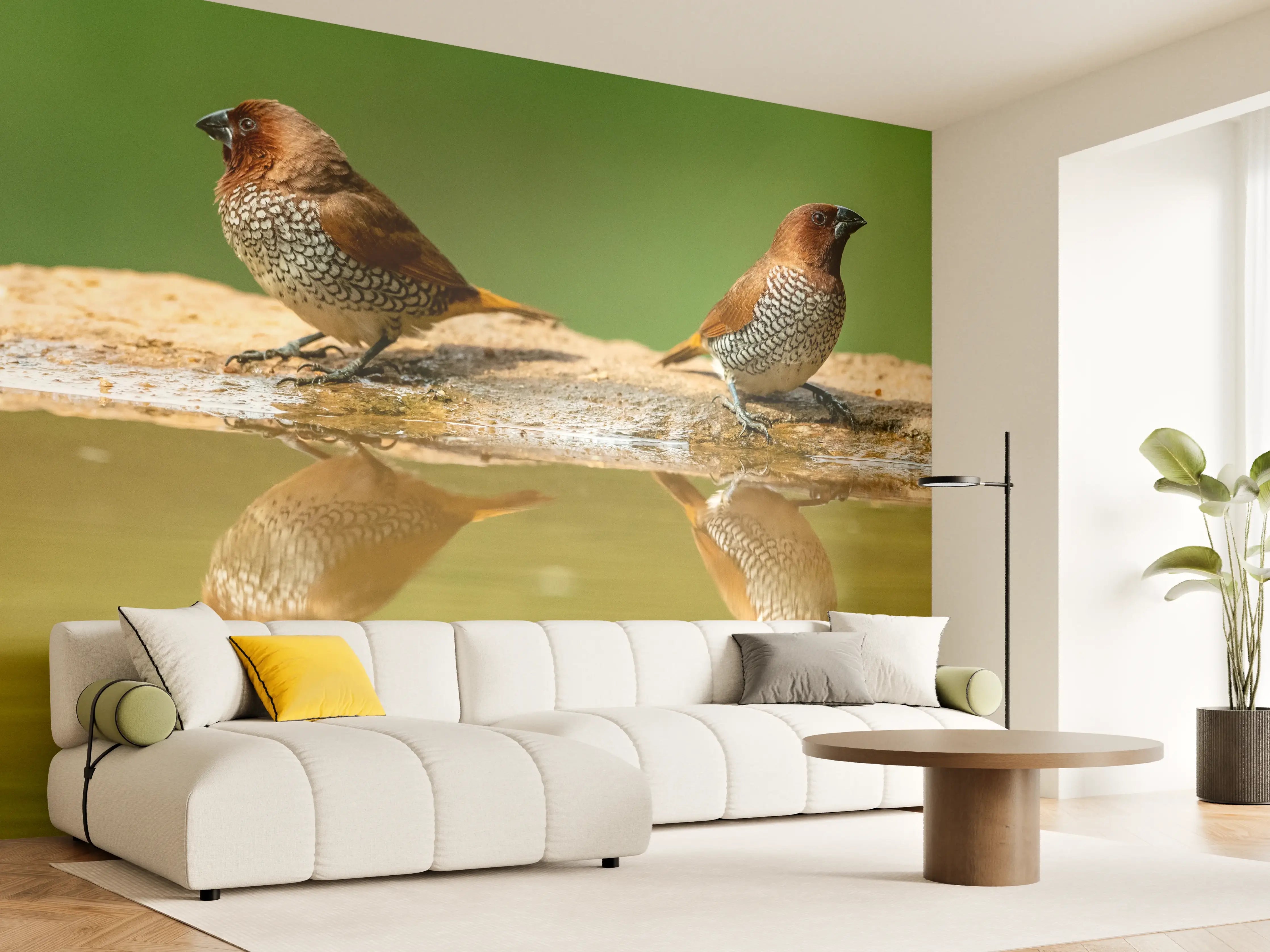 Wandverkleidung Wohnzimmer - Vögel Spiegelung im Wasser